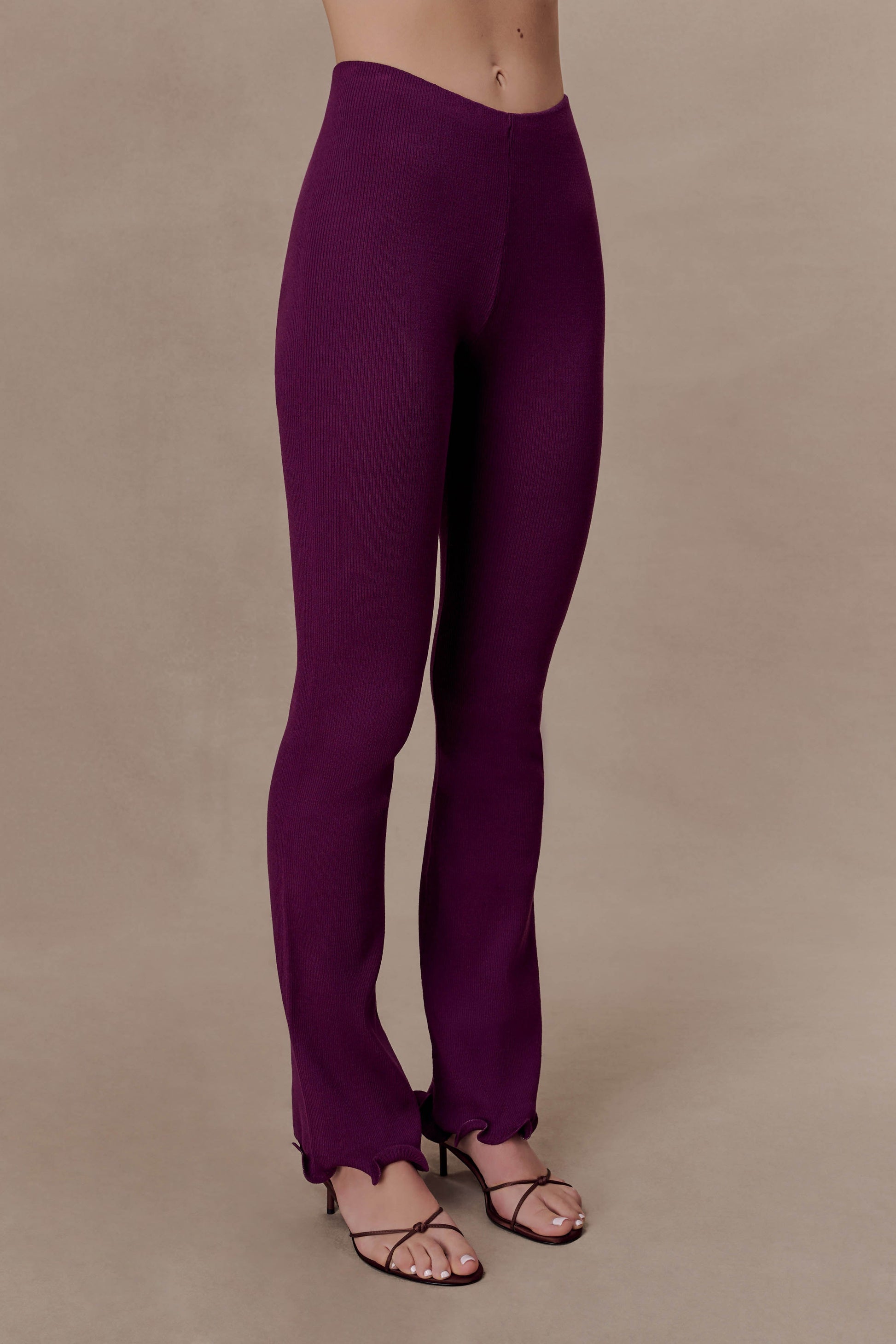 Diya Ribbed High Waisted Pants With Wire Hem - Plum #5