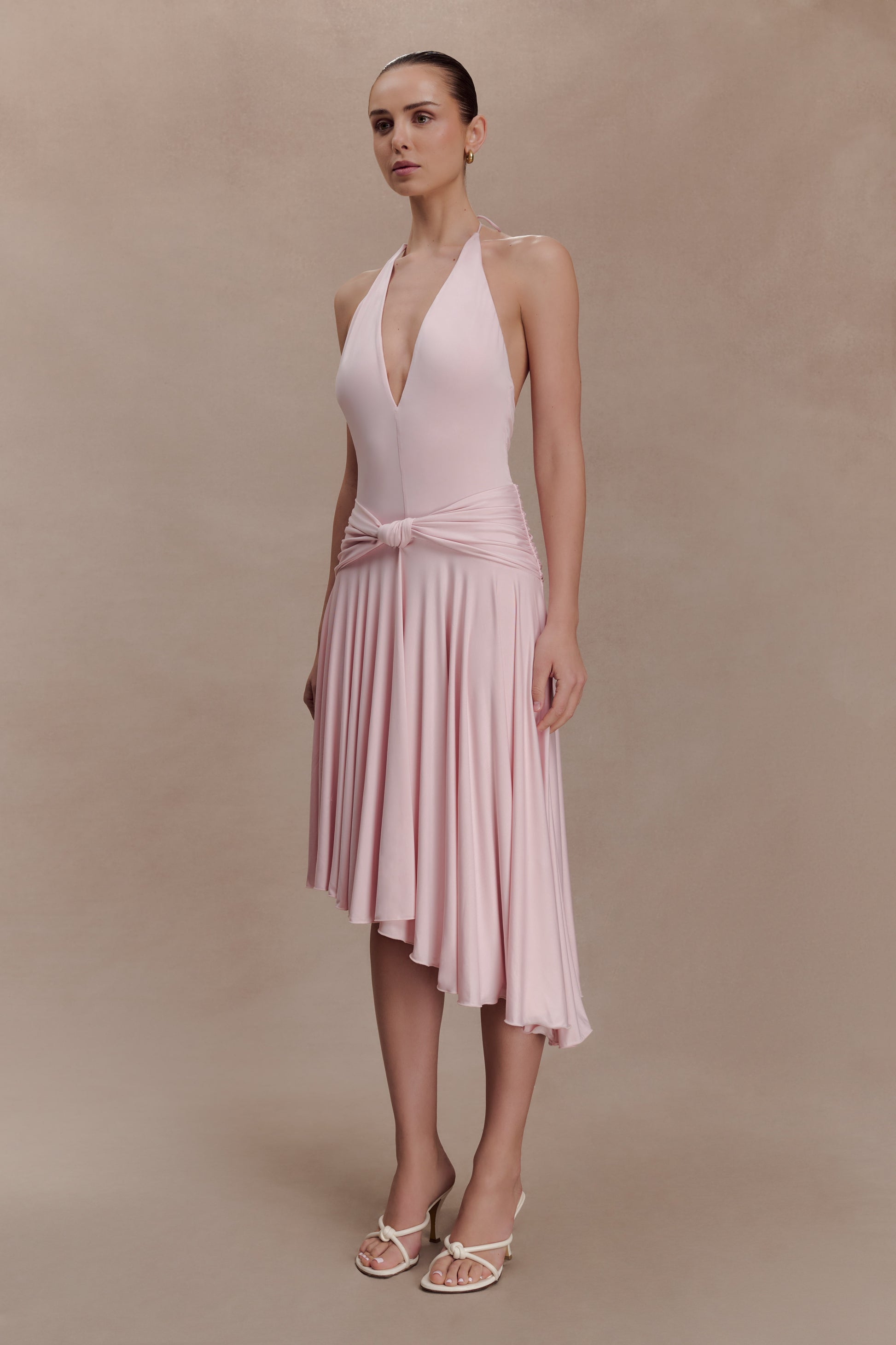 Zelda Asymmetric Slinky Midi Dress - Ballet Pink #4