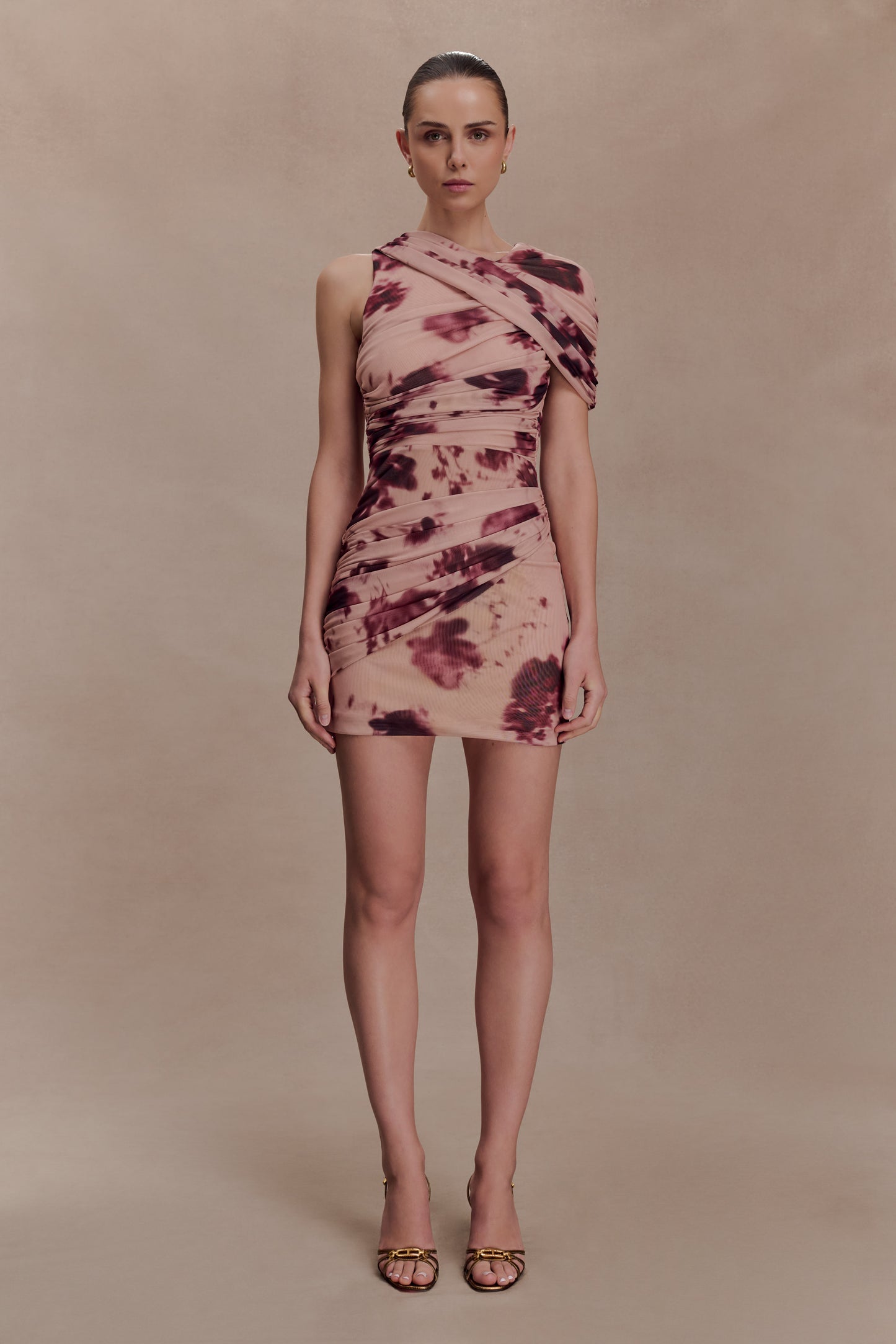 Adrienne One Shoulder Mesh Mini Dress - Nude Blurred Floral Print