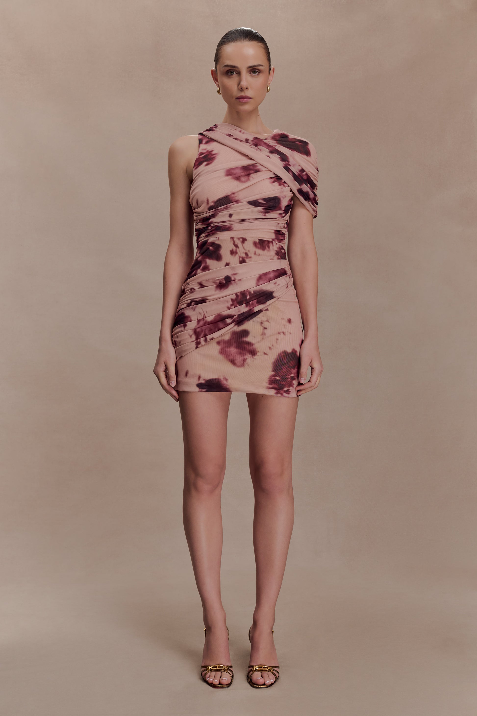 Adrienne One Shoulder Mesh Mini Dress - Nude Blurred Floral Print