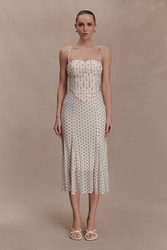 Willa Gathered Mesh Midi Dress - Polka Dot