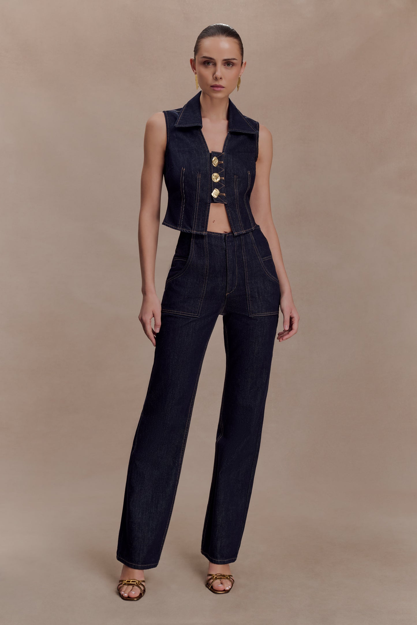 Shona Denim Vest With Decorative Buttons - Washed Indigo Blue