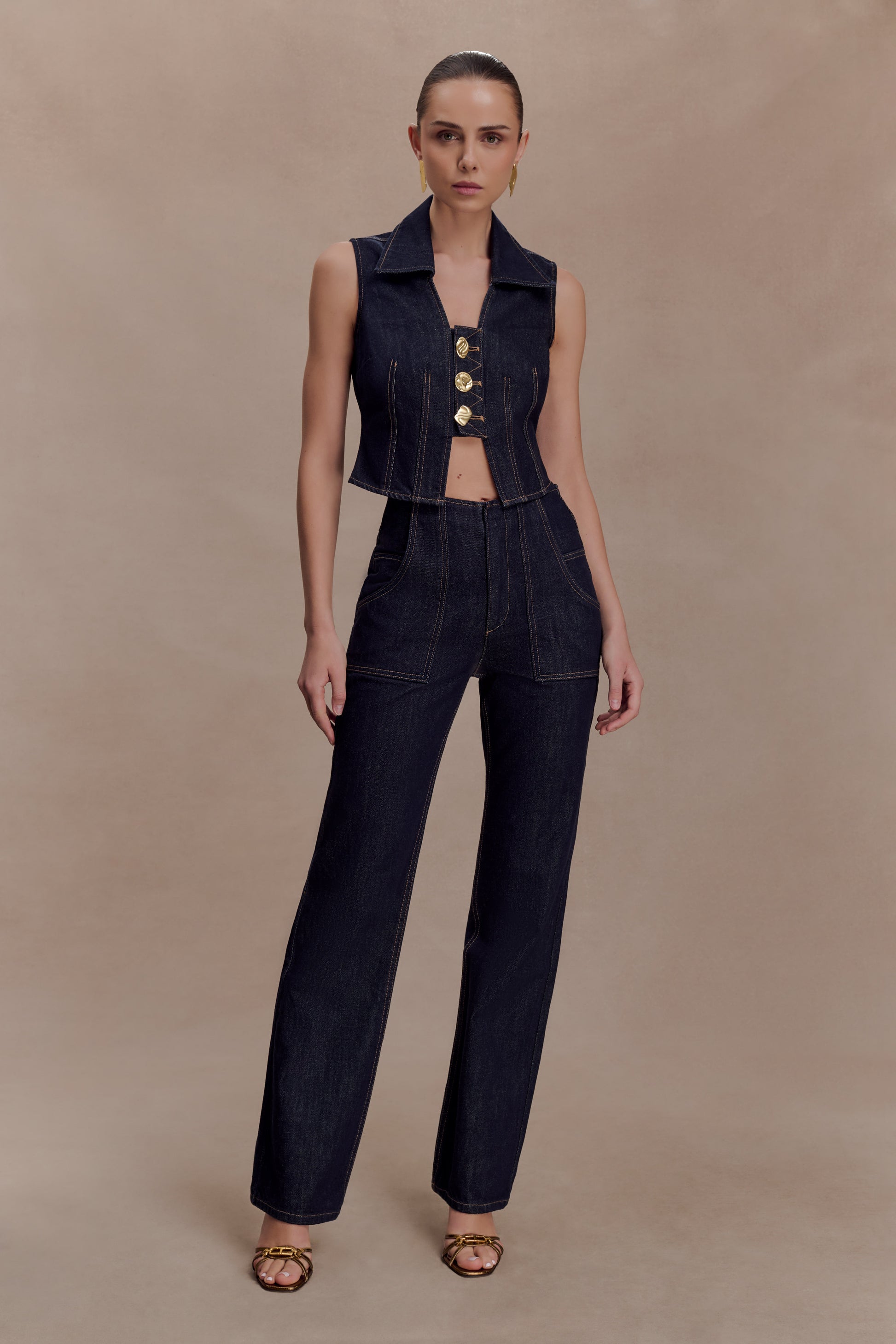 Shona Denim Vest With Decorative Buttons - Washed Indigo Blue #7