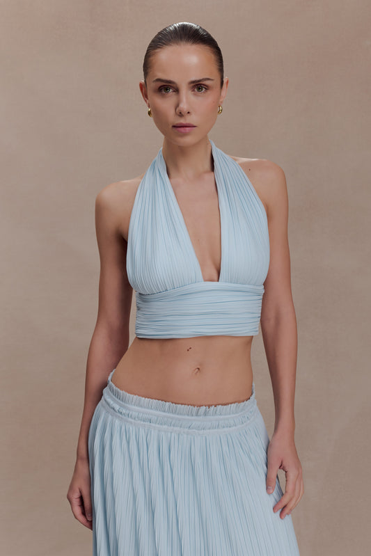 Amaris Sleeveless Plisse Halter Top - Pale Blue