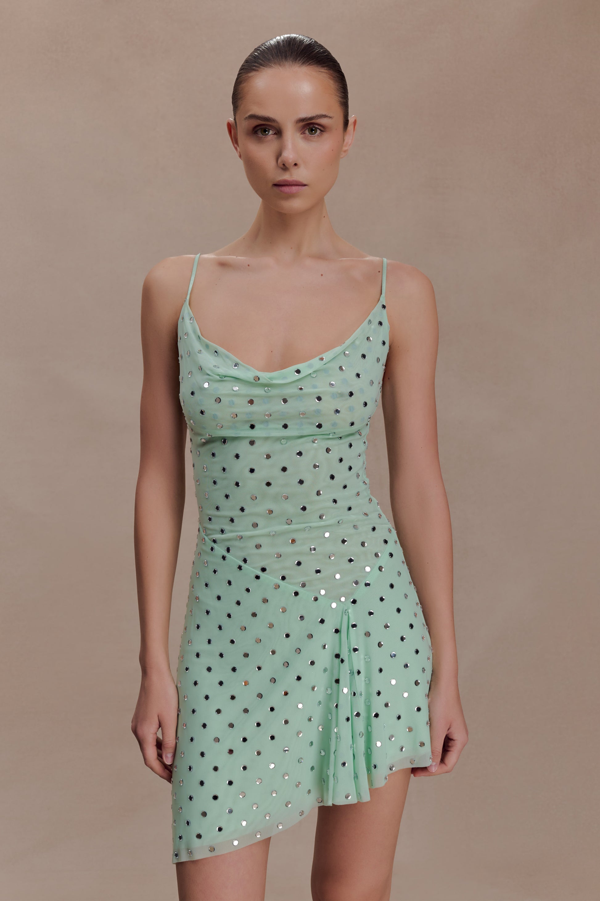 Zahra Diamante Cowl Mini Dress - Mint #2