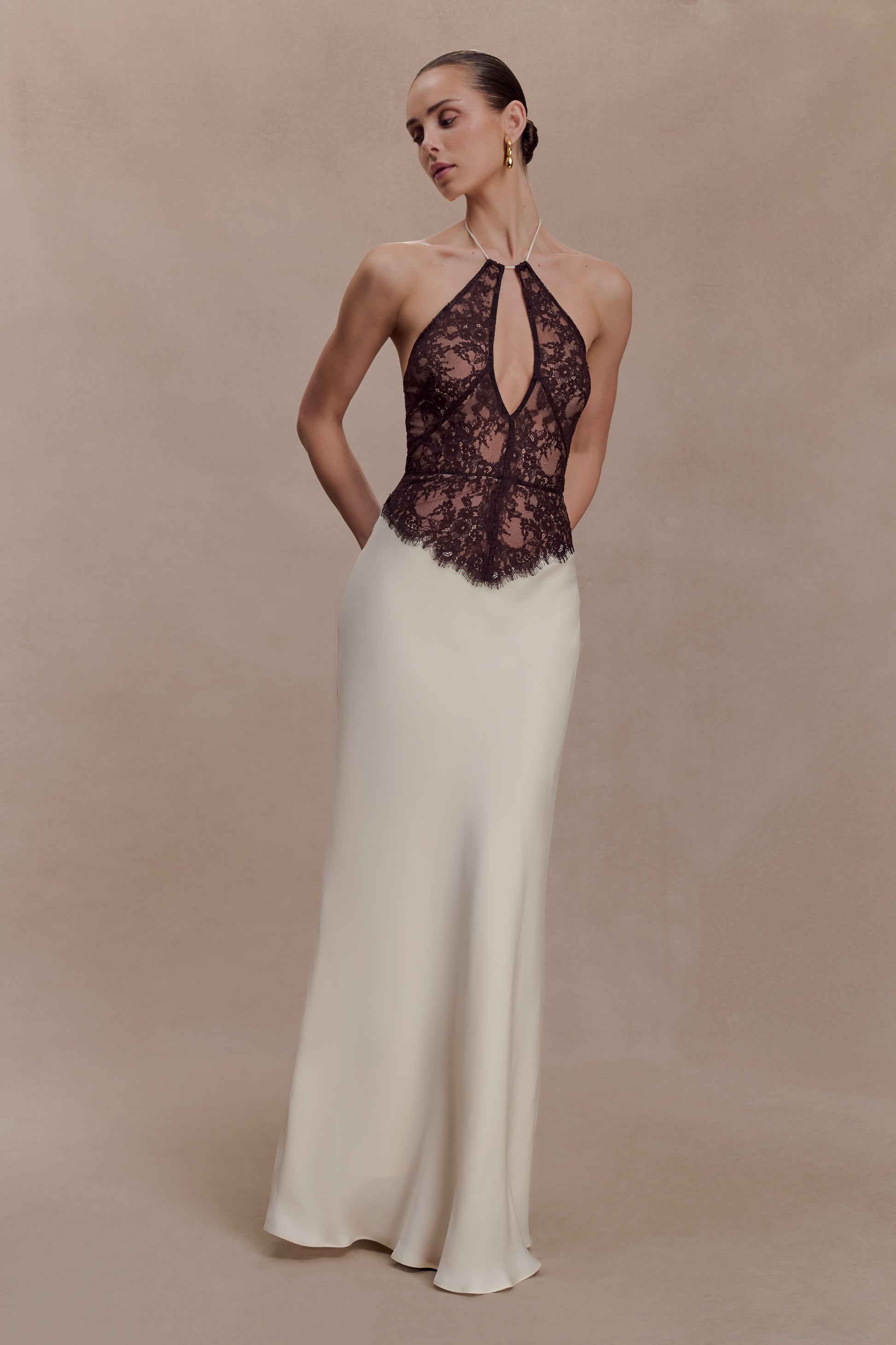 Sascha Lace And Satin Halter Maxi Dress - Ivory/Chocolate #5