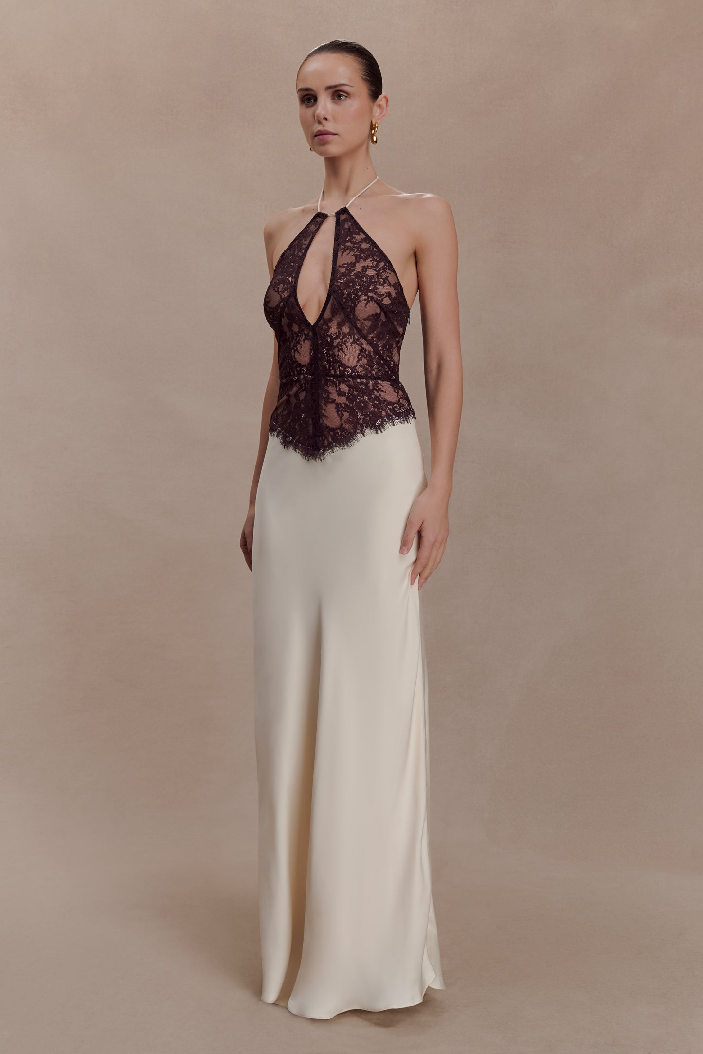 Sascha Lace And Satin Halter Maxi Dress - Ivory/Chocolate