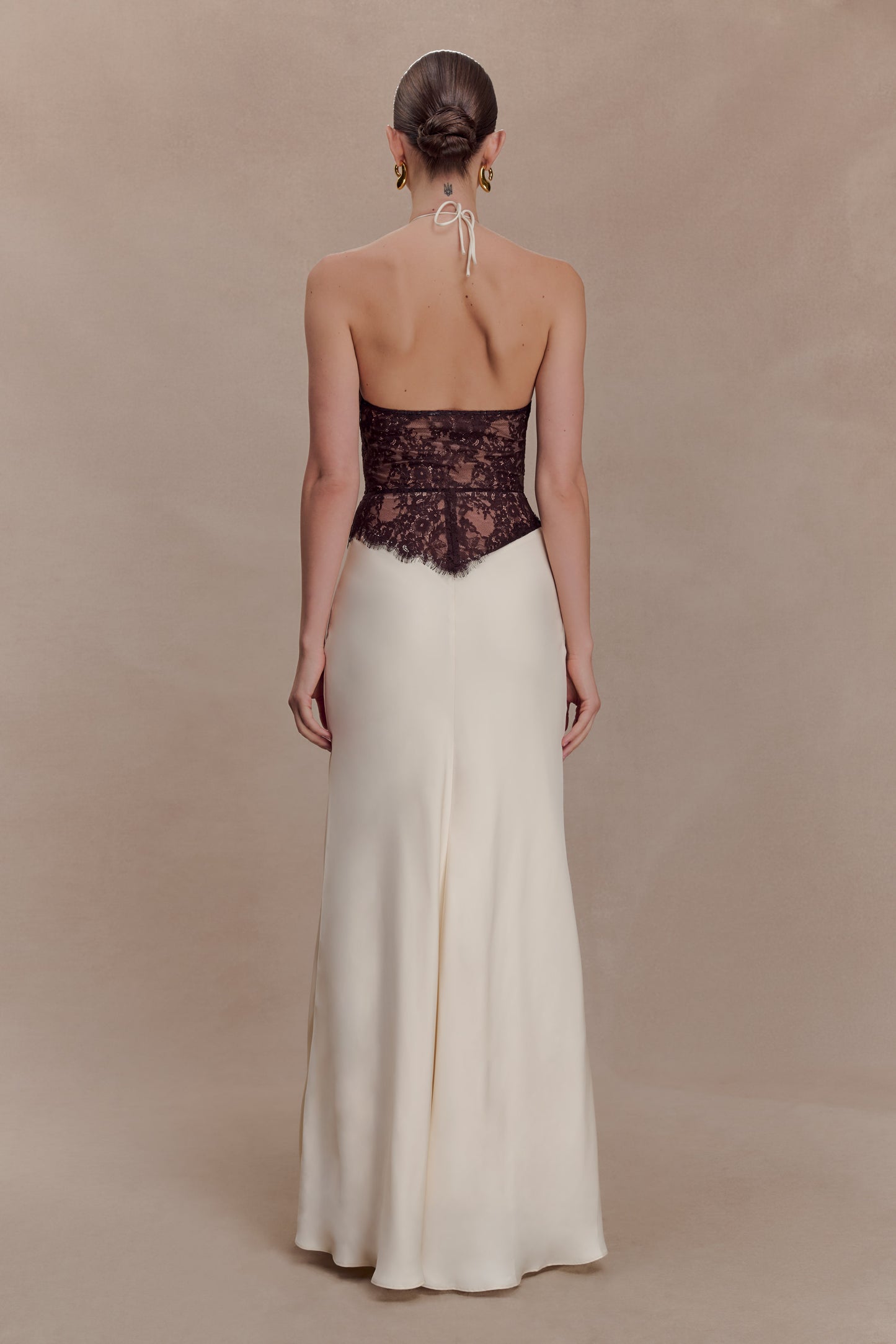 Sascha Lace And Satin Halter Maxi Dress - Ivory/Chocolate