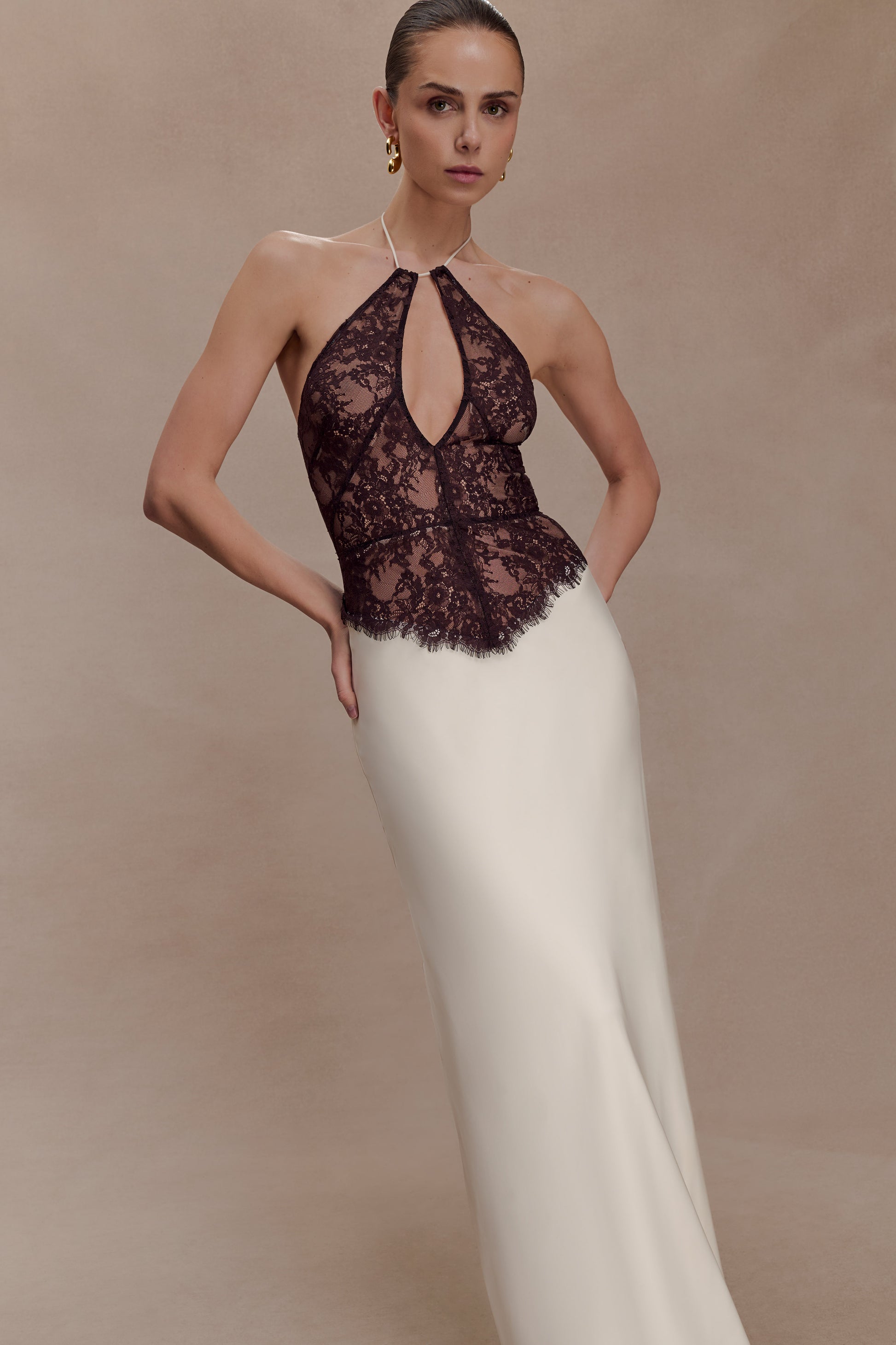 Sascha Lace And Satin Halter Maxi Dress - Ivory/Chocolate #7