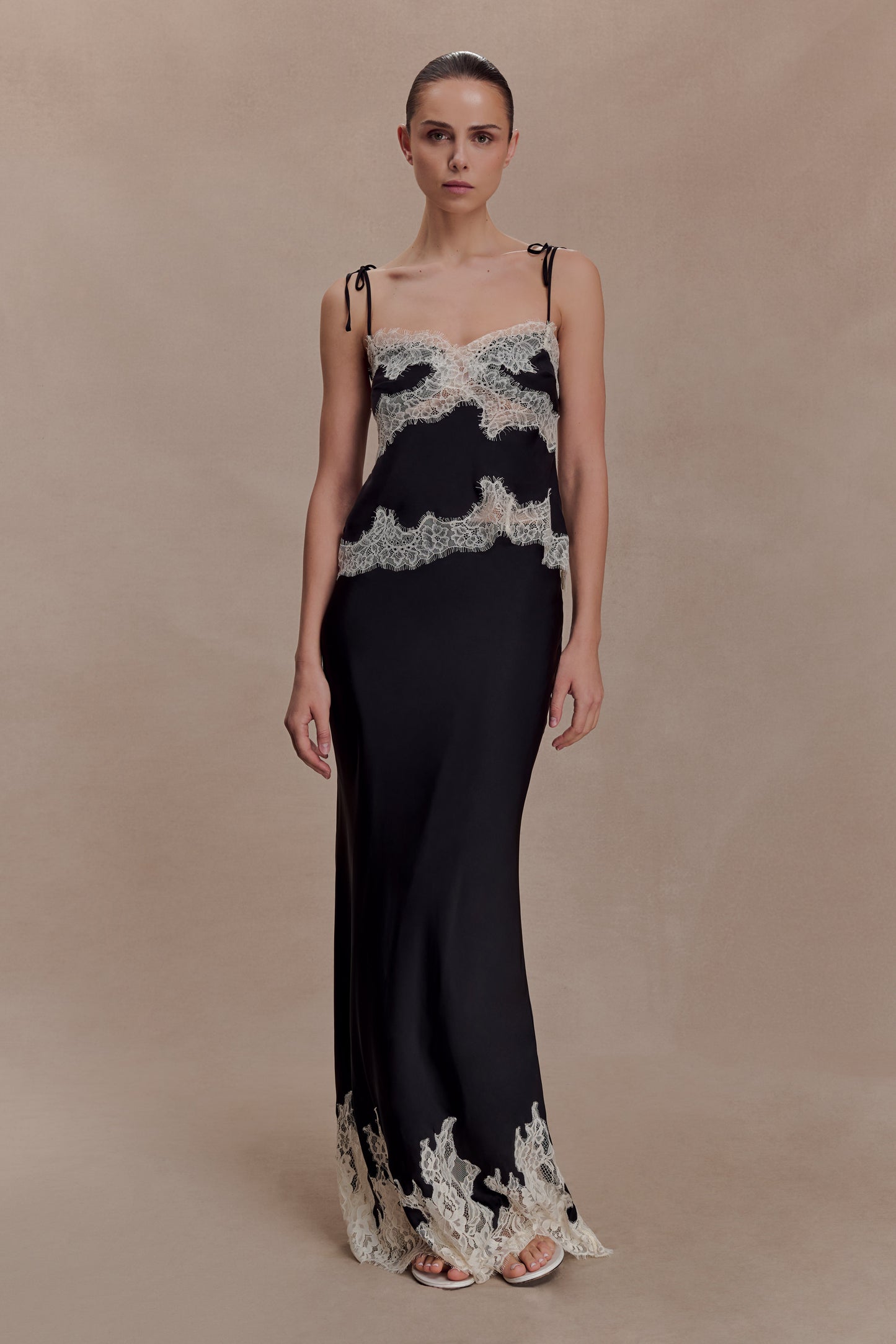 Nina Satin And Lace Maxi Skirt - Black/Ivory
