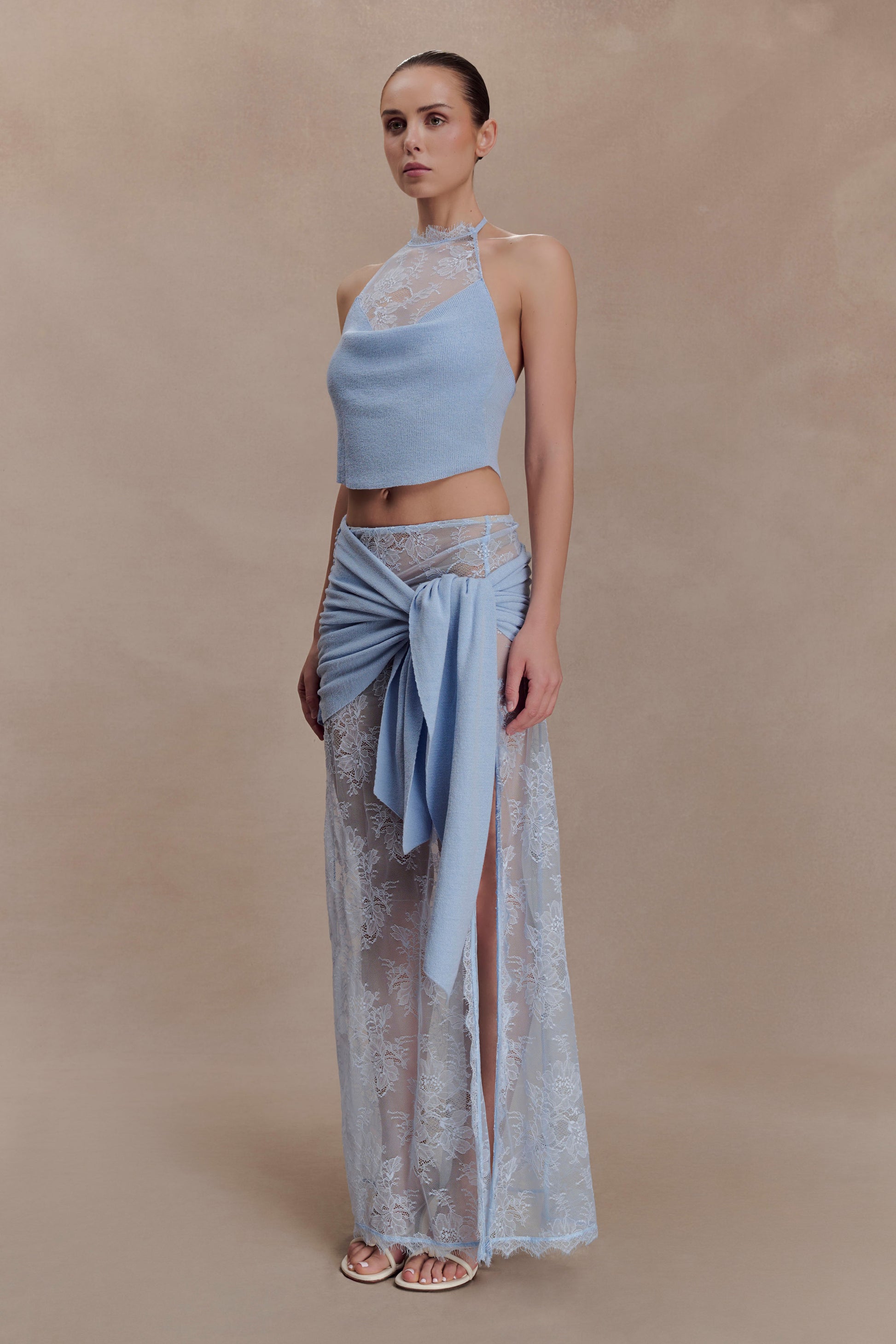 Lucy Lace And Knit Halter Top - Cornflower Blue #4