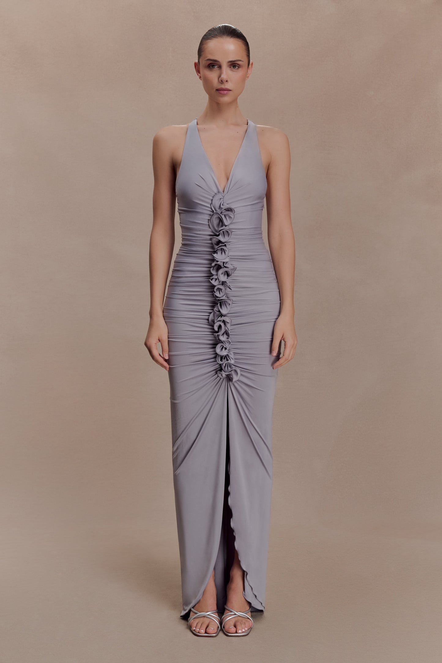 Alessandra Slinky Ruffle Maxi Dress - Grey