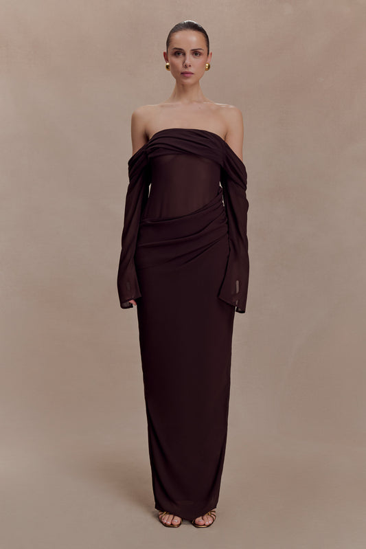 Kirsten Off Shoulder Chiffon Maxi Dress - Cacao Brown