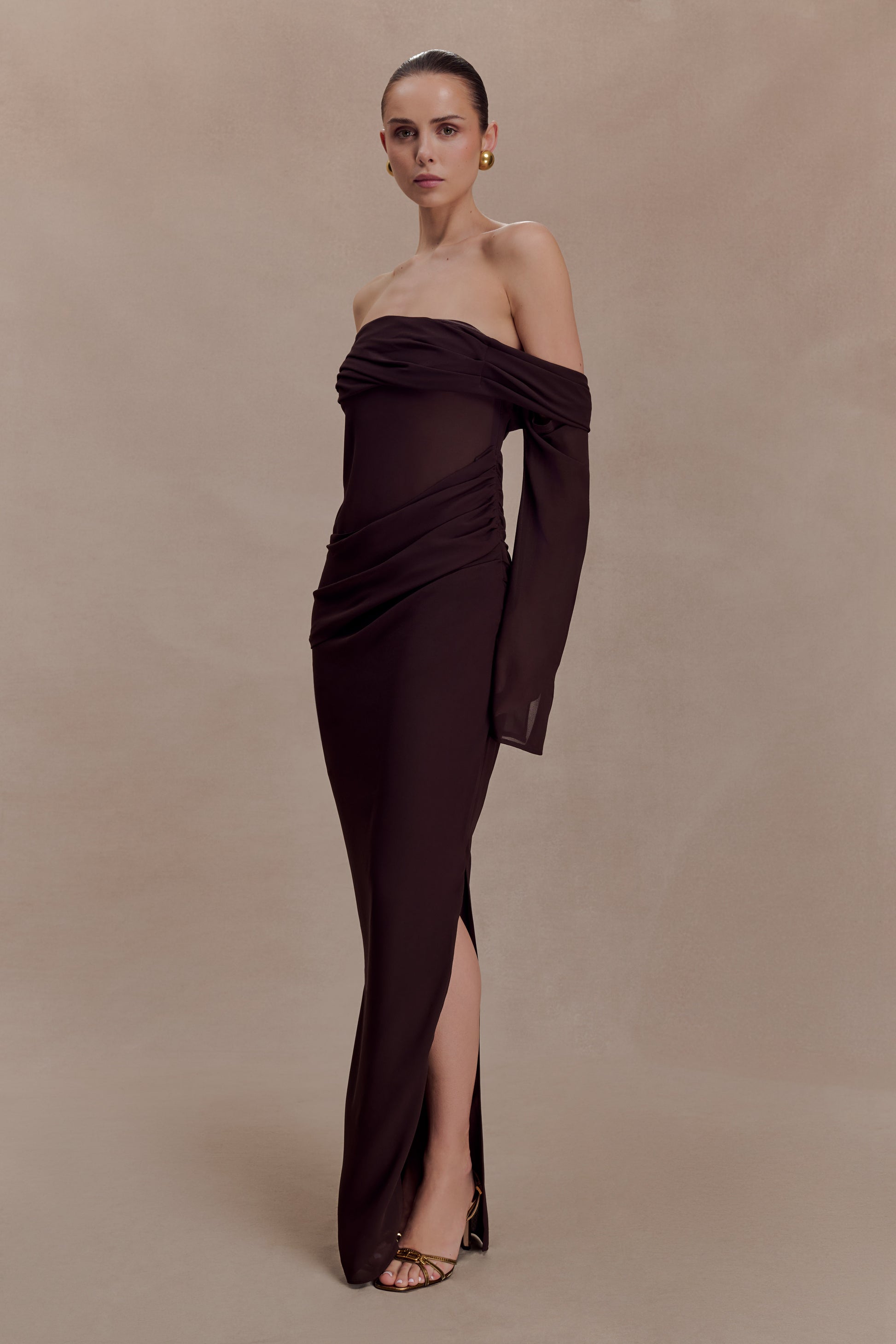 Kirsten Off Shoulder Chiffon Maxi Dress - Cacao Brown #4