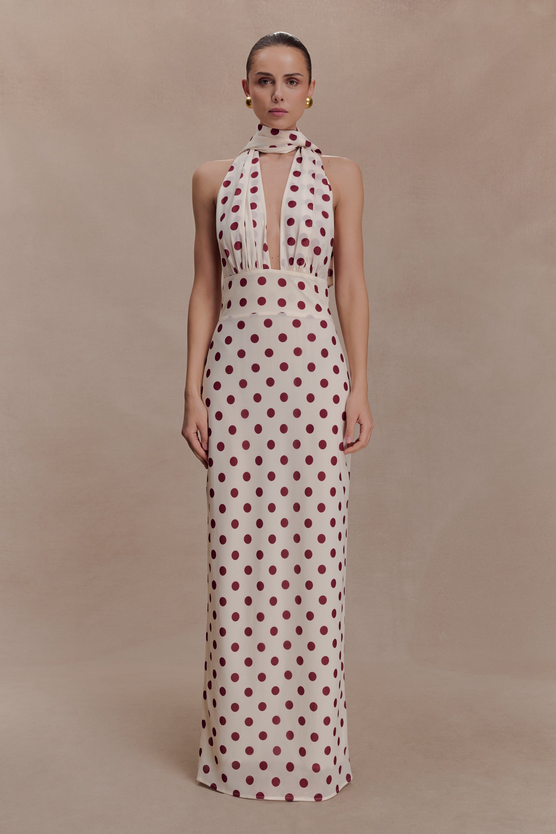 Nadine Halter Chiffon Maxi Dress - Ivory/Merlot Polka Dot #3