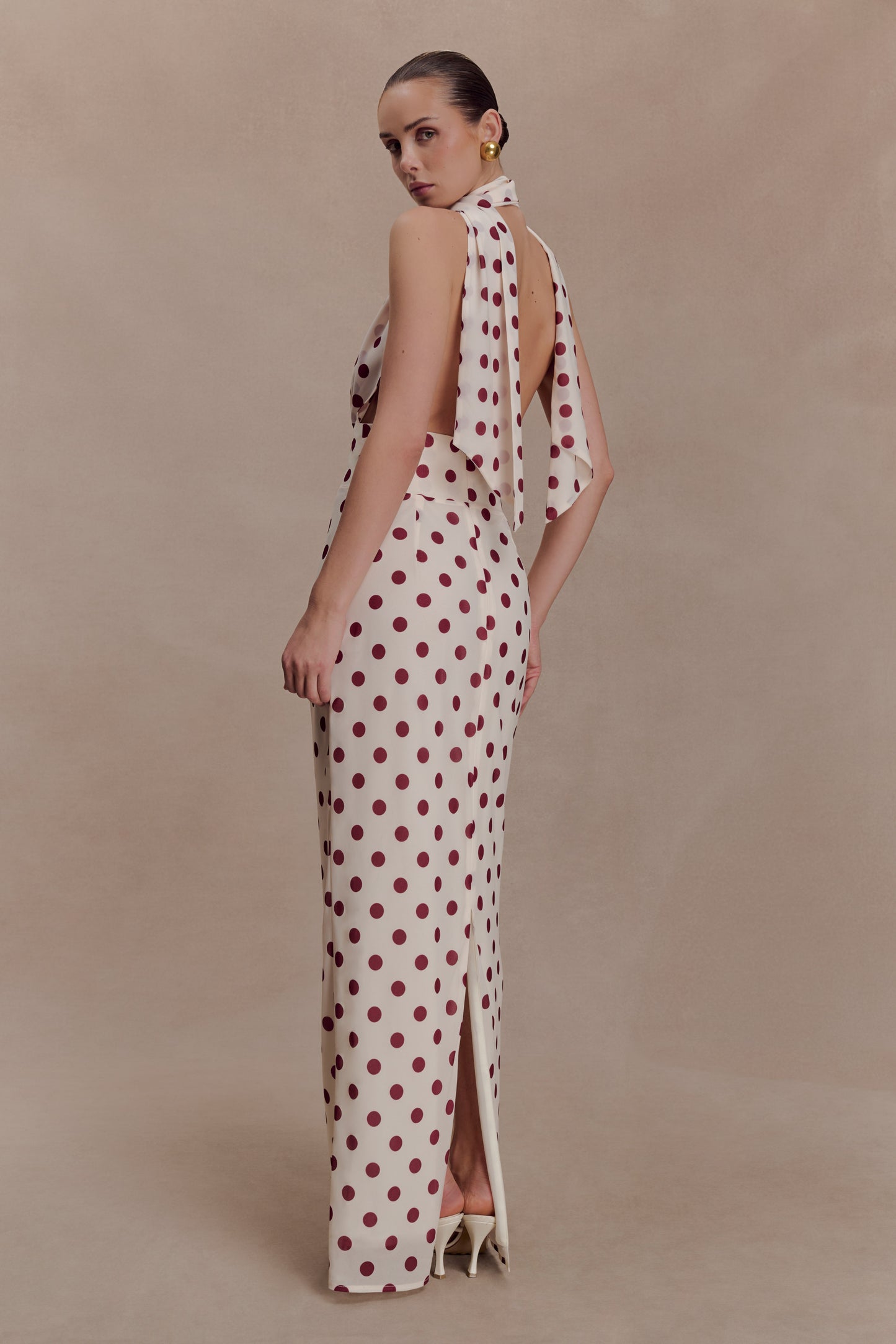 Nadine Halter Chiffon Maxi Dress - Ivory/Merlot Polka Dot