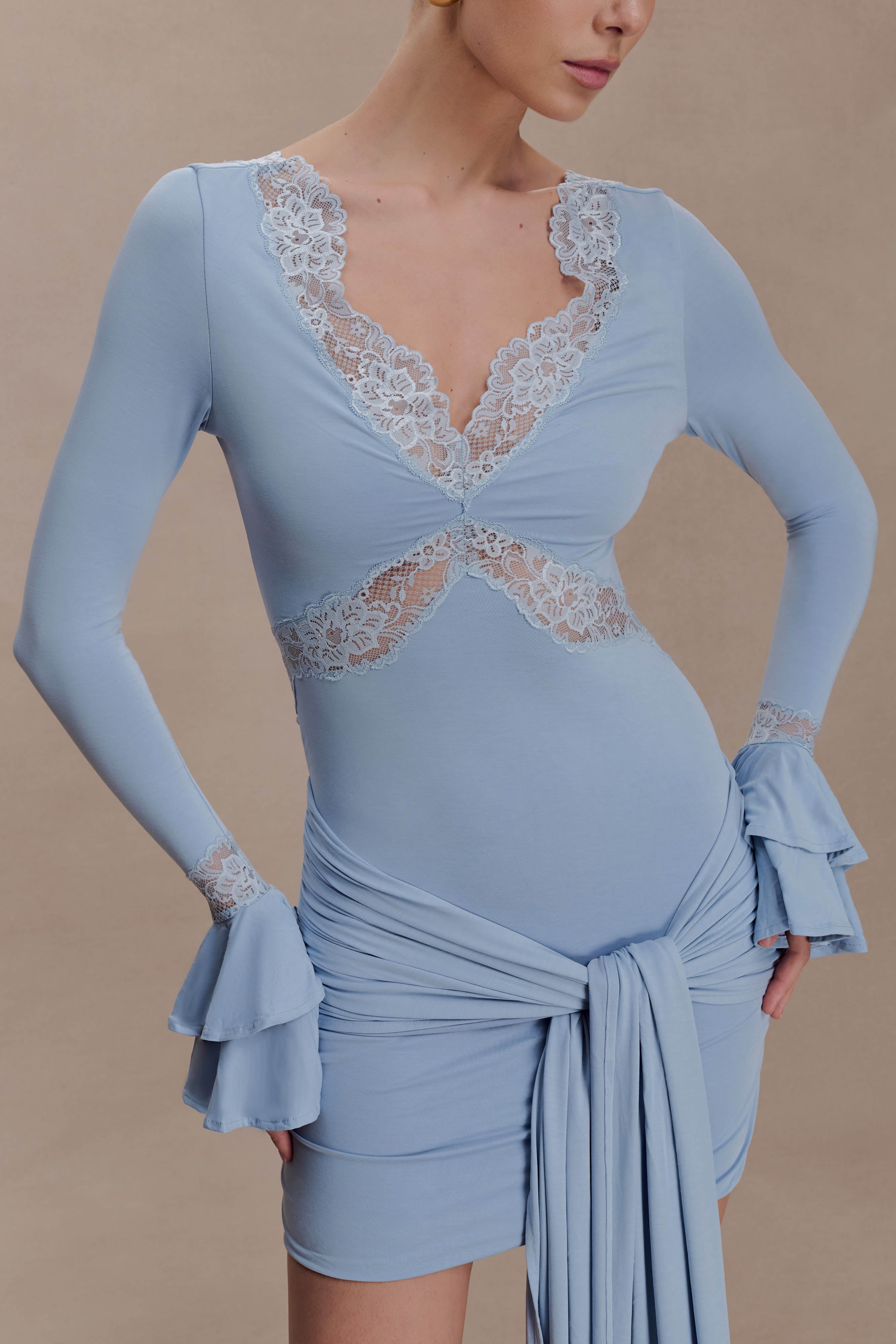 Electra Slinky Lace Mini Dress - Pale Blue | MESHKI