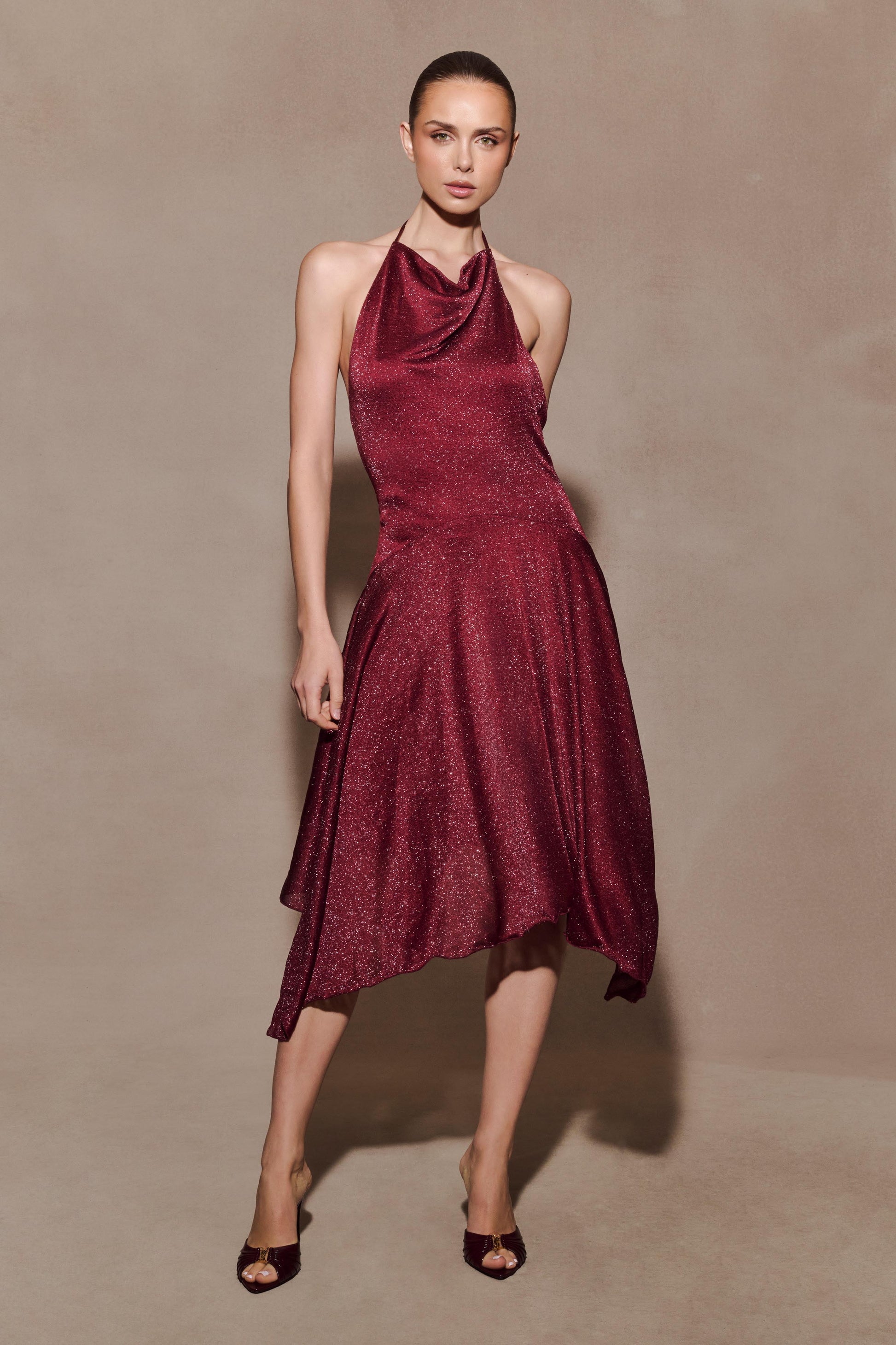 Sylvie Lurex Hankie Midi Dress - Wine #2