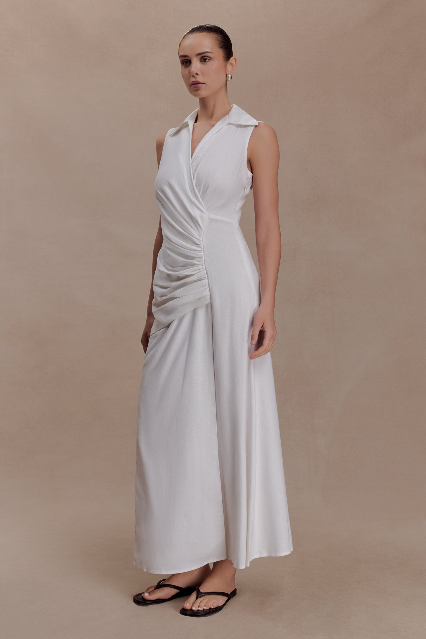 Dante Ruched Linen Midi Dress - White