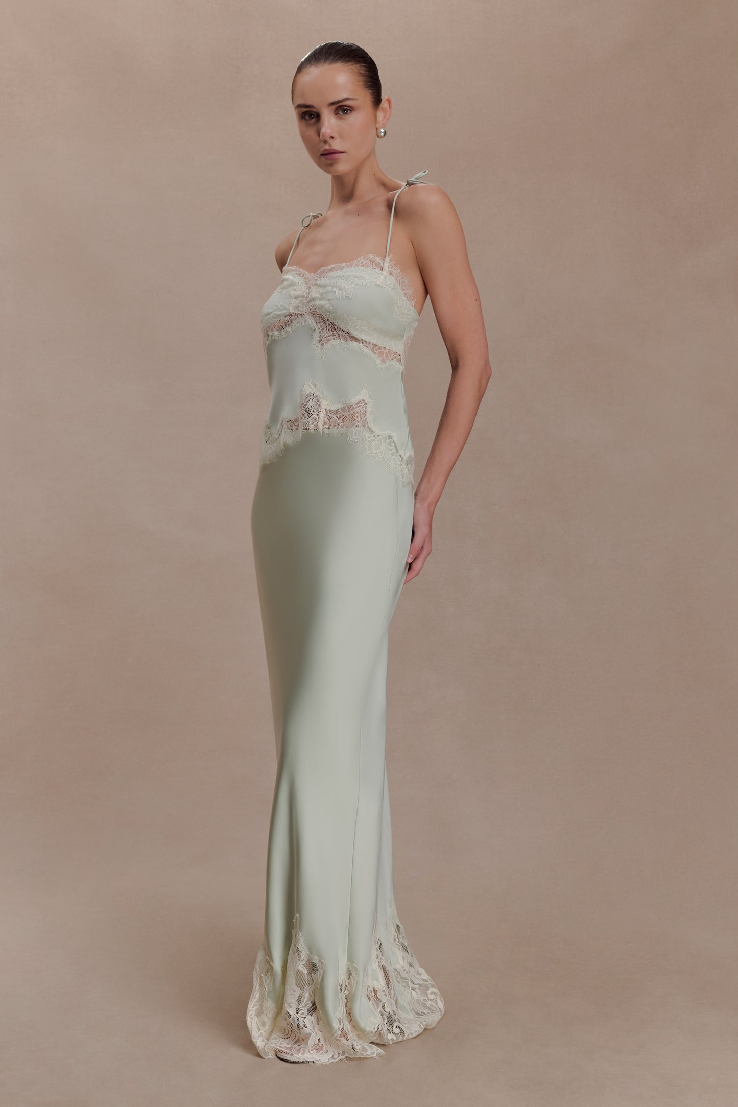 Nina Satin And Lace Maxi Skirt - Sage
