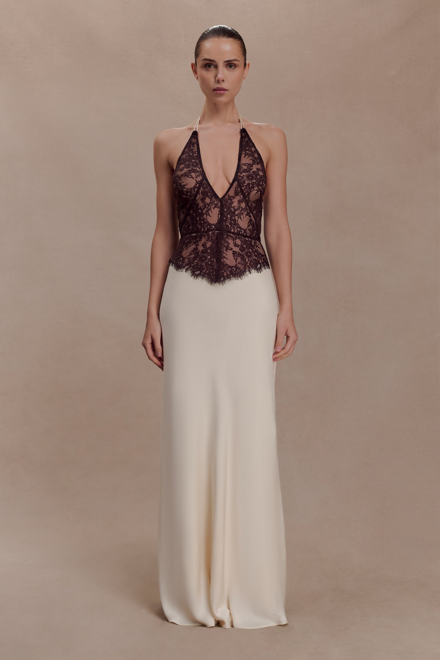 Sascha Lace And Satin Halter Maxi Dress - Ivory/Chocolate