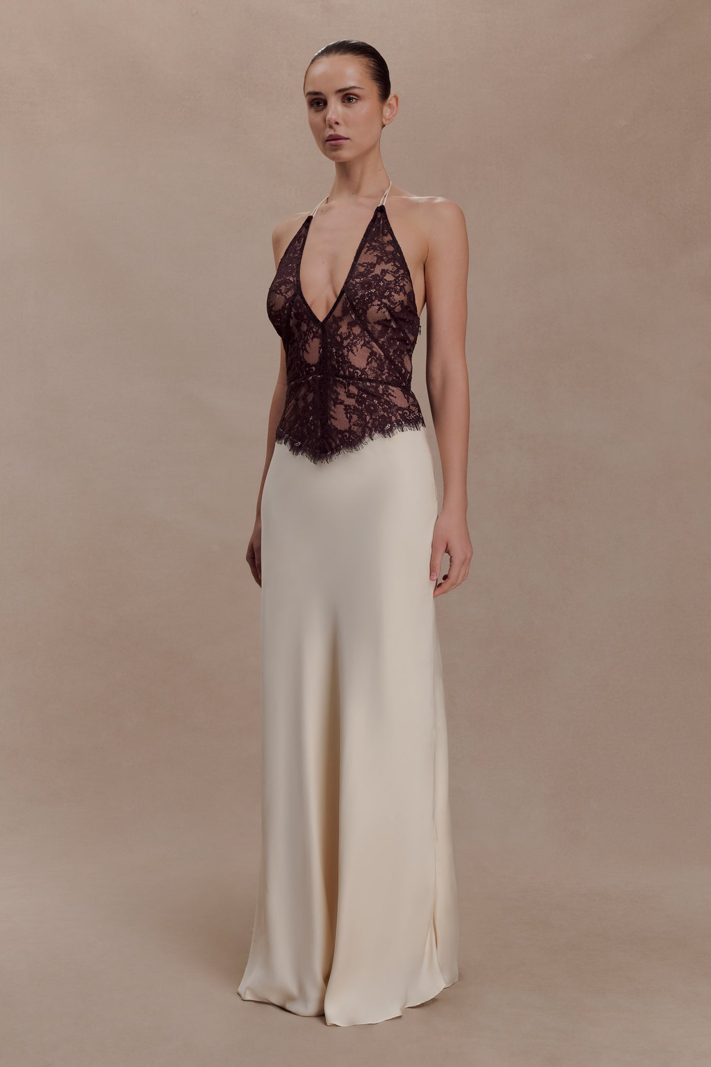 Sascha Lace And Satin Halter Maxi Dress - Ivory/Chocolate
