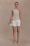 Gabby Asymmetrical Neckline Linen Beaded Top - Natural