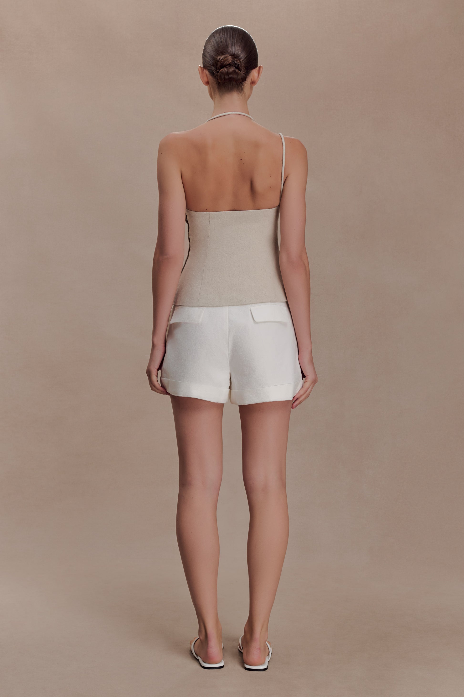 Gabby Asymmetrical Neckline Linen Beaded Top - Natural #2