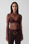 Alizette High Neck Long Sleeve Lace Top - Burgundy
