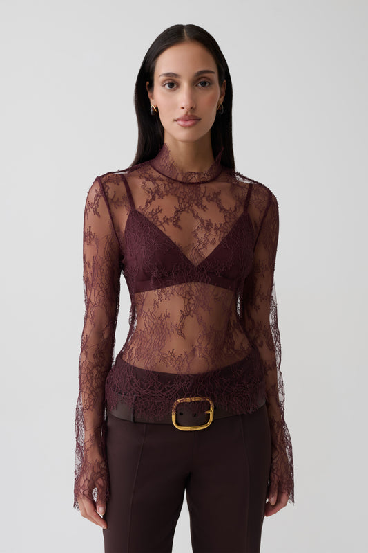 Alizette High Neck Long Sleeve Lace Top - Burgundy