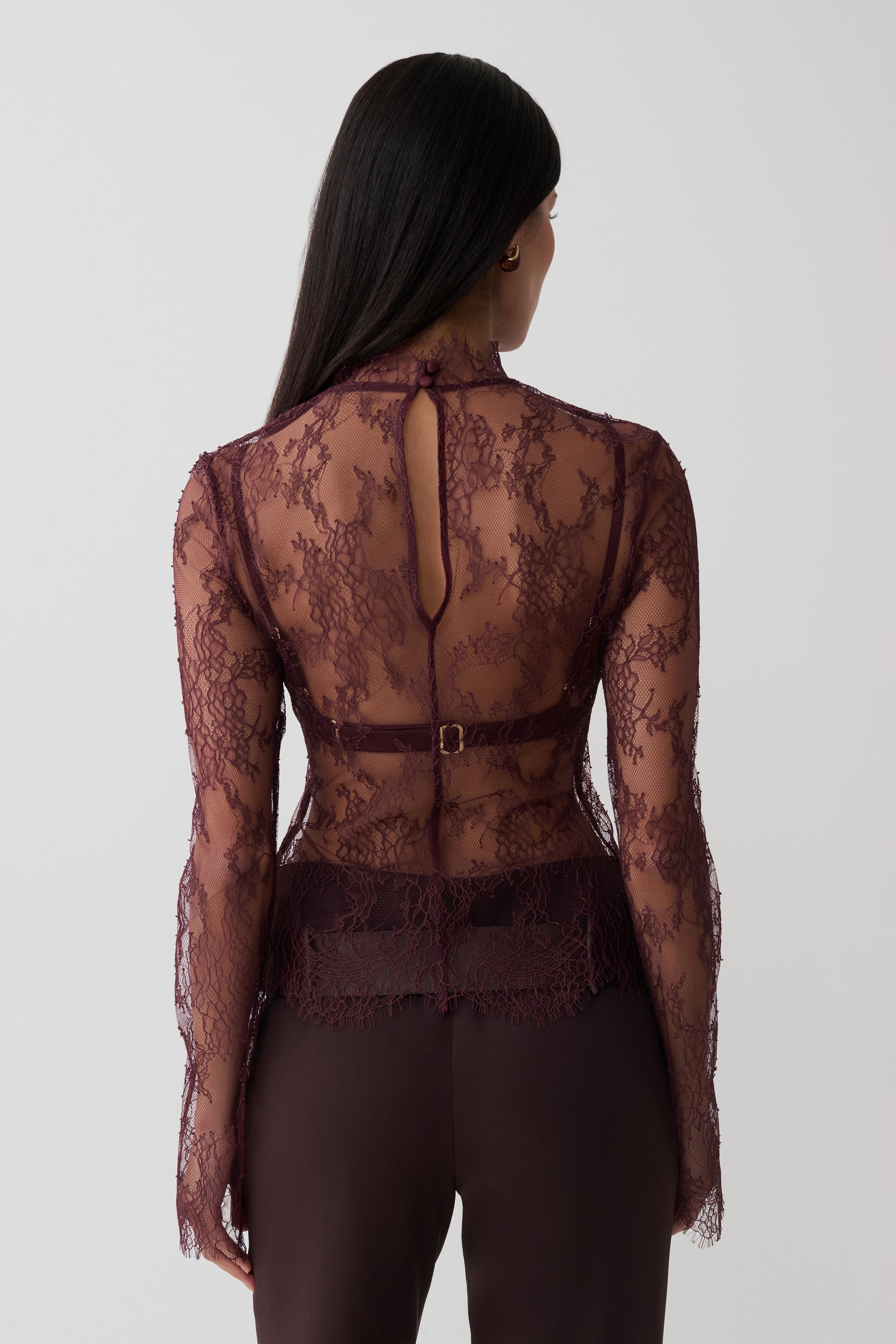 Alizette High Neck Long Sleeve Lace Top - Burgundy #2