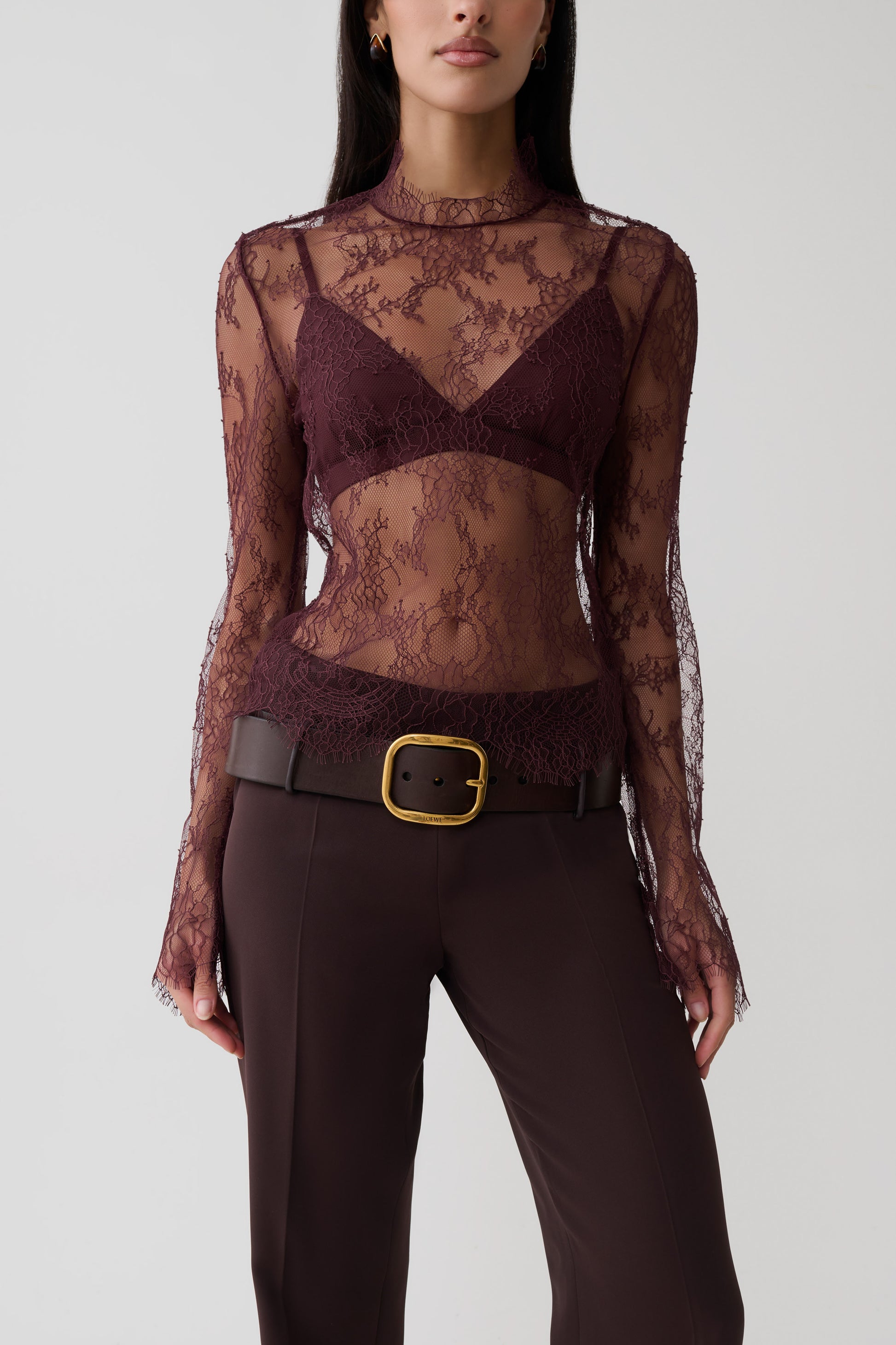 Alizette High Neck Long Sleeve Lace Top - Burgundy #3