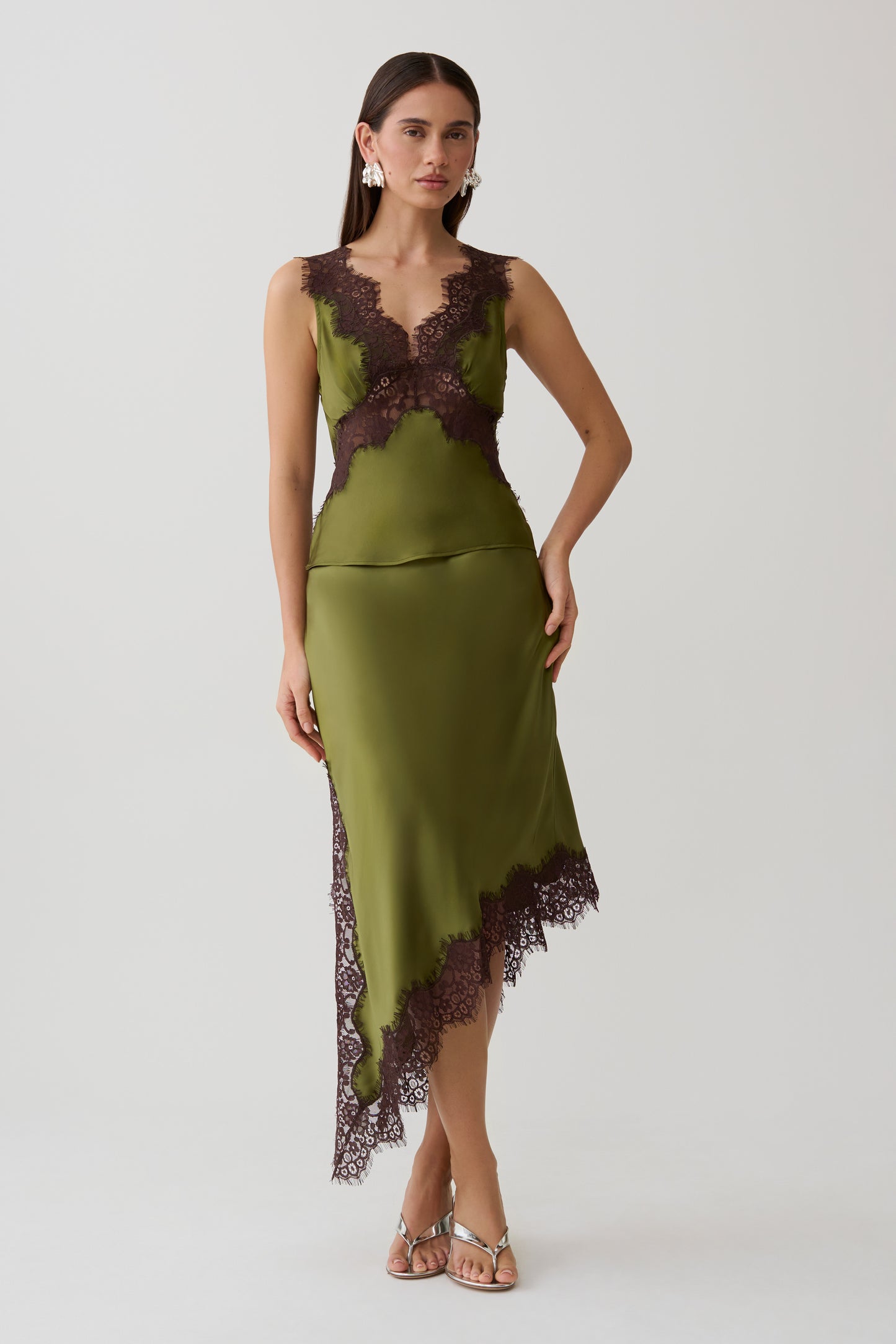 Amber Satin And Lace Camisole - Olive