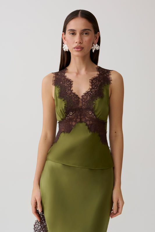 Amber Satin And Lace Camisole - Olive