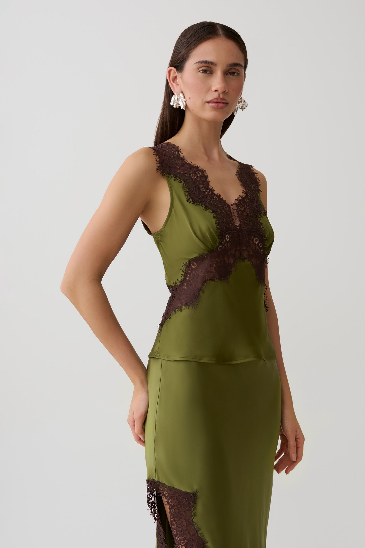Amber Satin And Lace Camisole - Olive