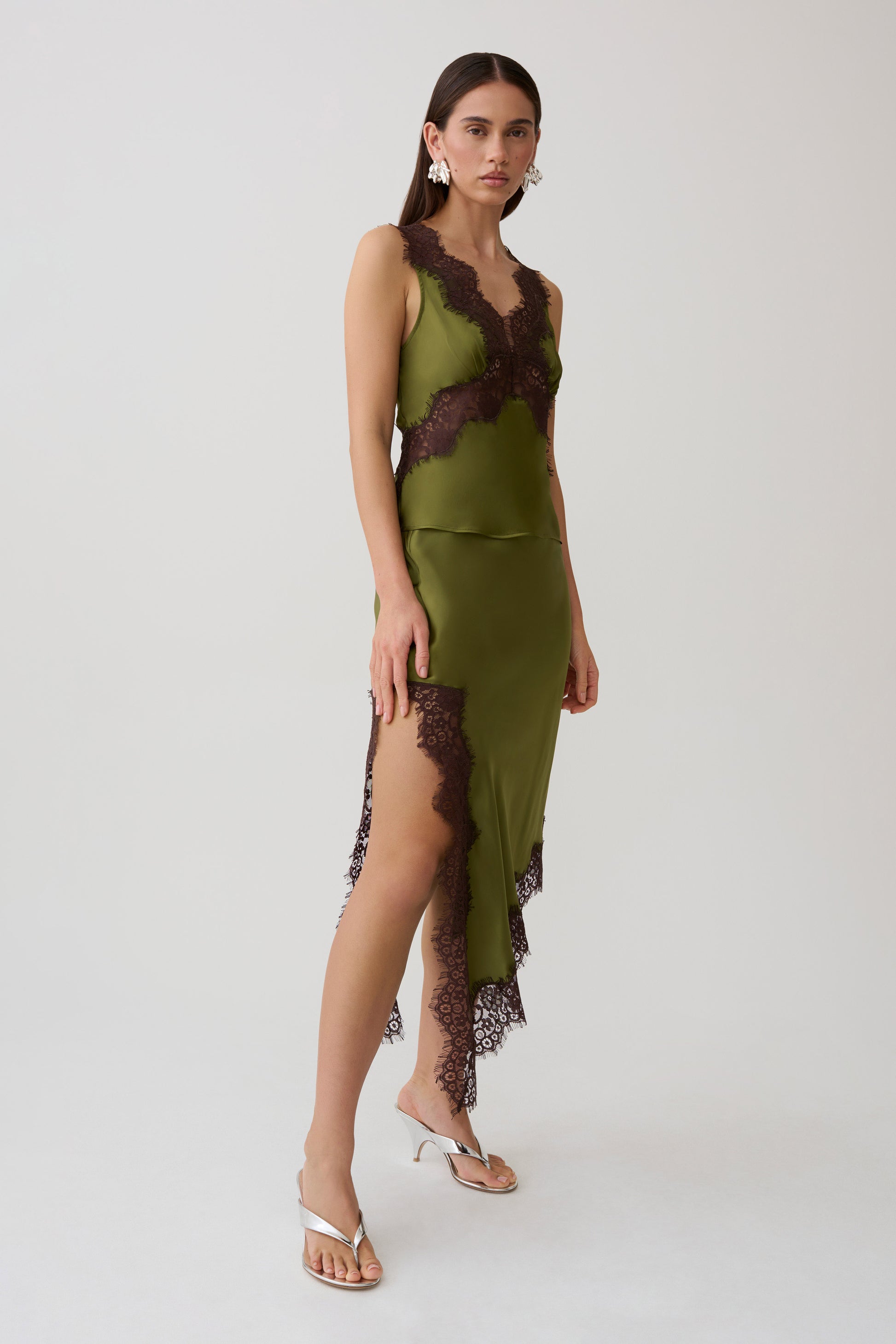 Amber Satin And Lace Camisole - Olive #4