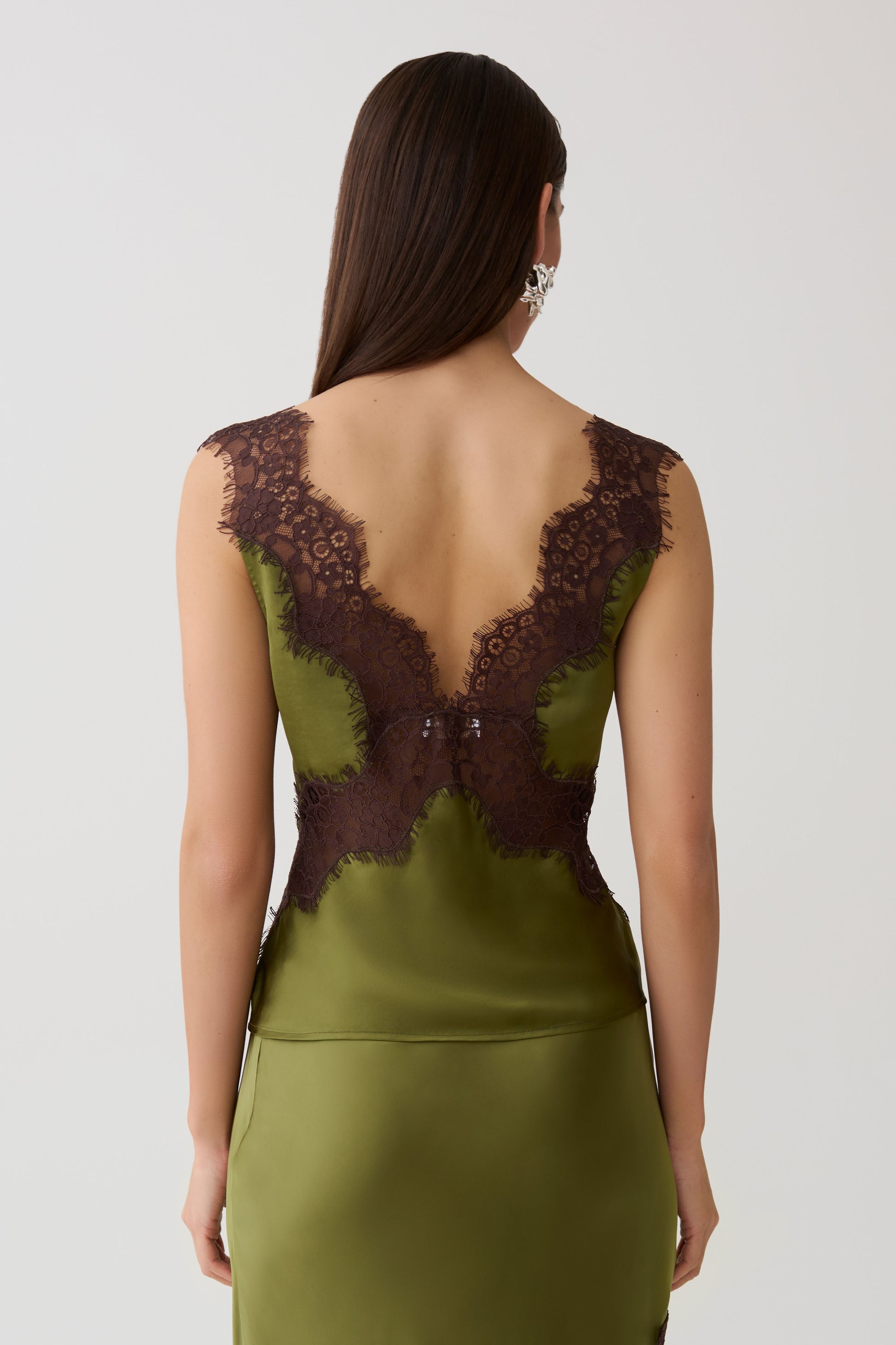 Amber Satin And Lace Camisole - Olive #2