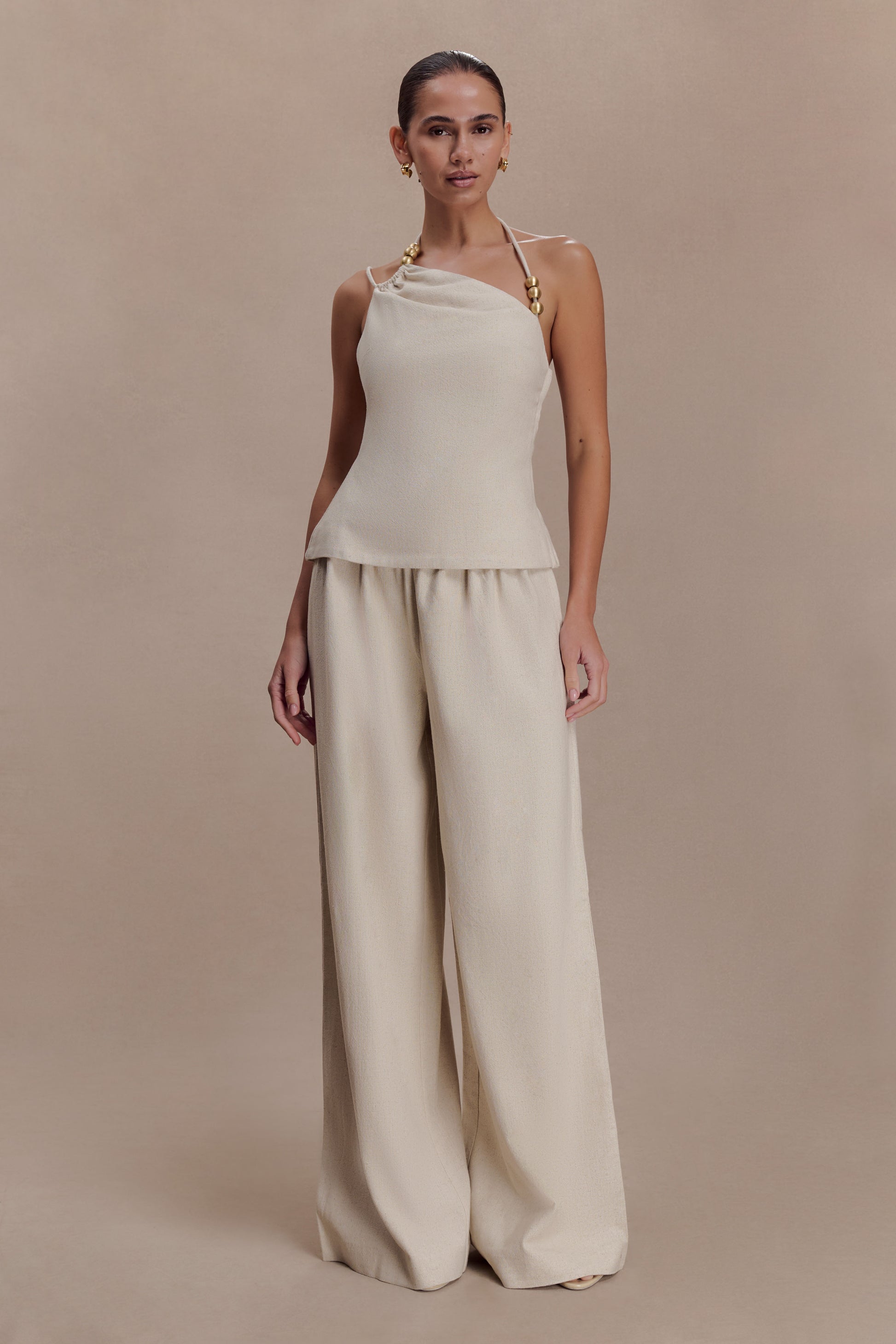 Gabby Asymmetrical Neckline Linen Beaded Top - Natural #5