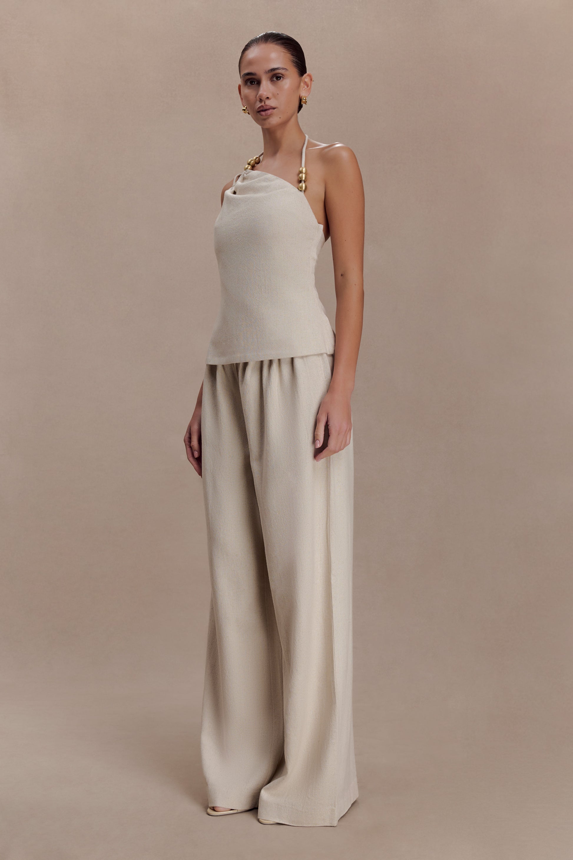 Gabby Asymmetrical Neckline Linen Beaded Top - Natural #4