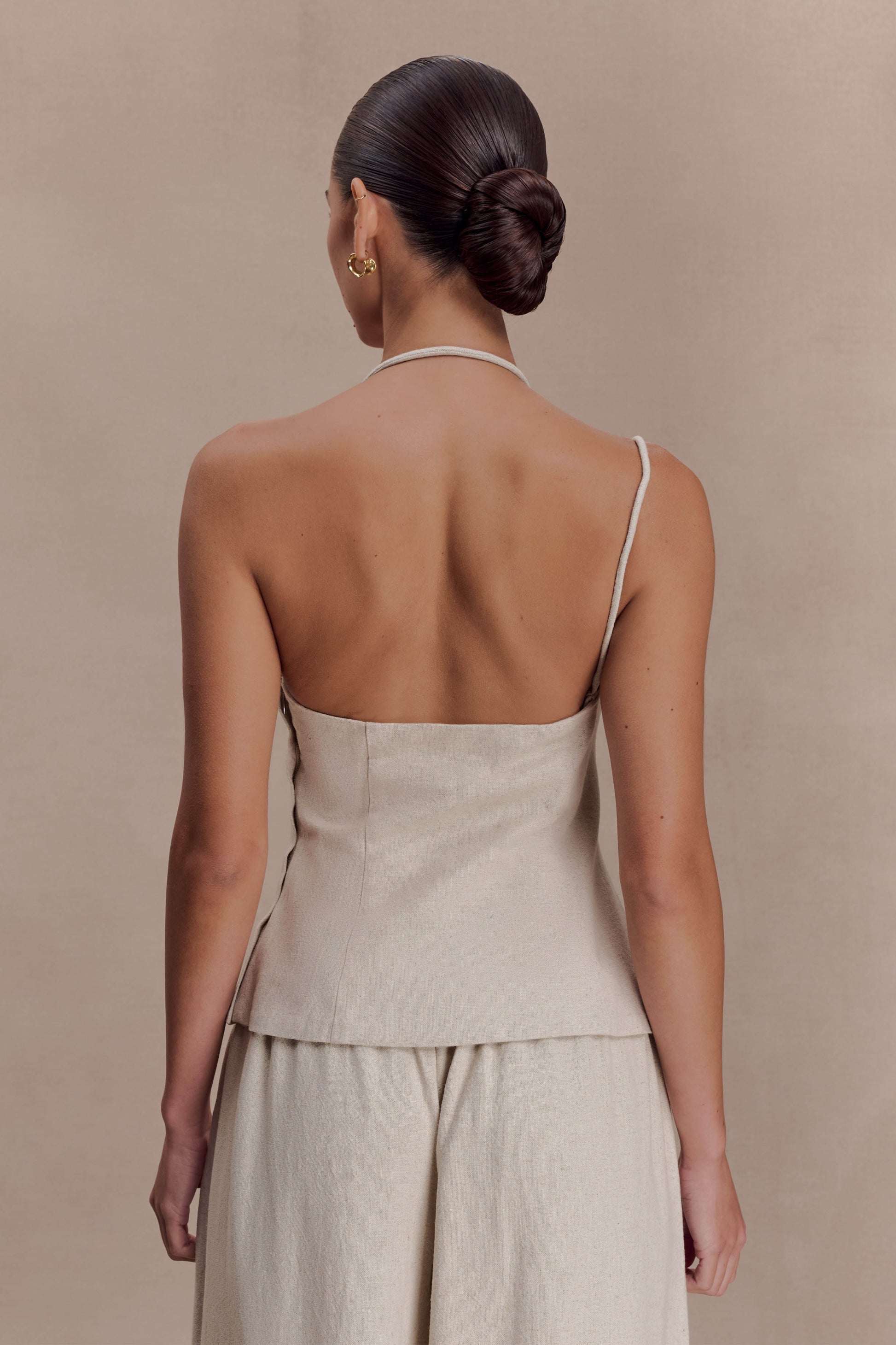 Gabby Asymmetrical Neckline Linen Beaded Top - Natural #2