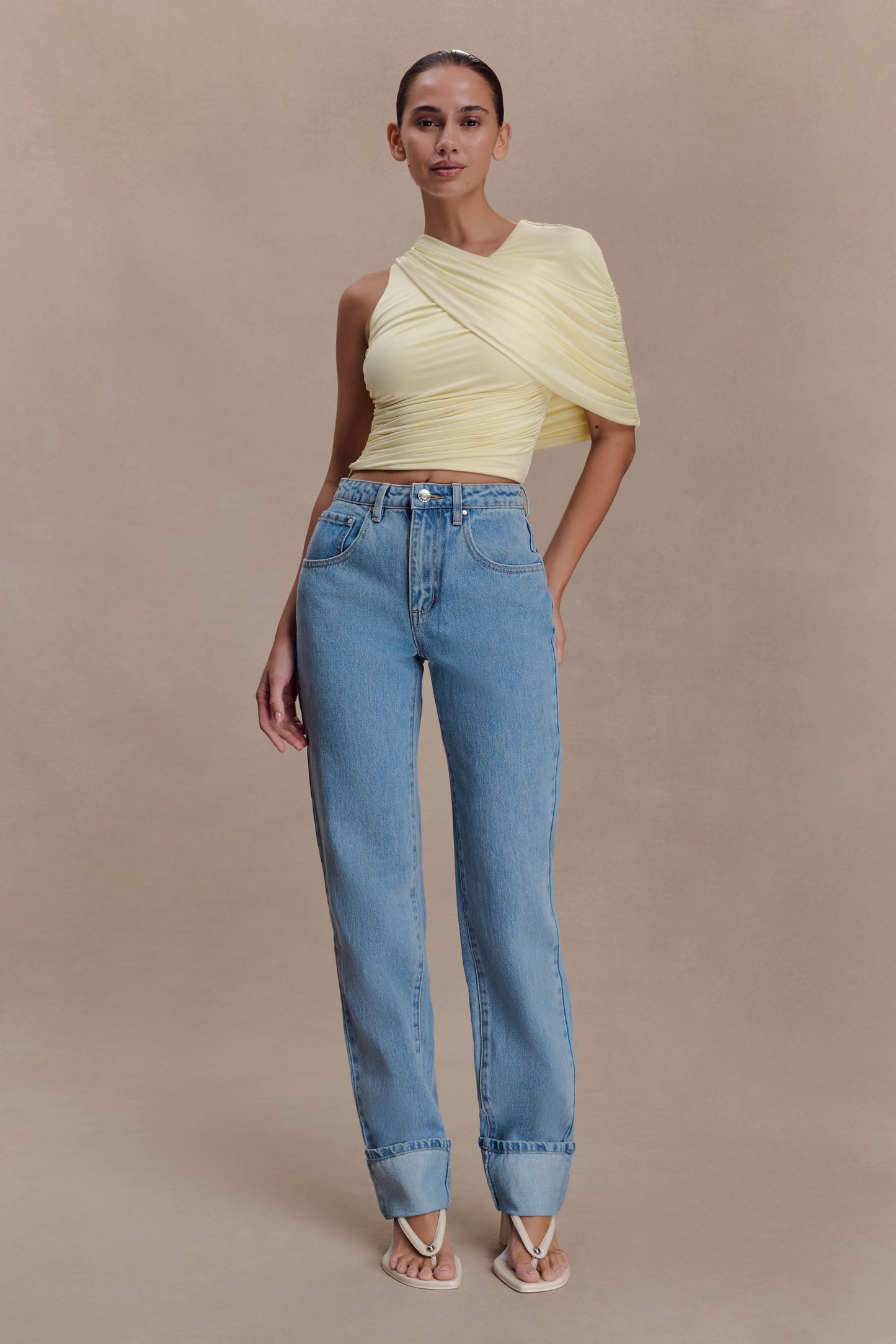 Adrienne One Shoulder Slinky Top - Lemon