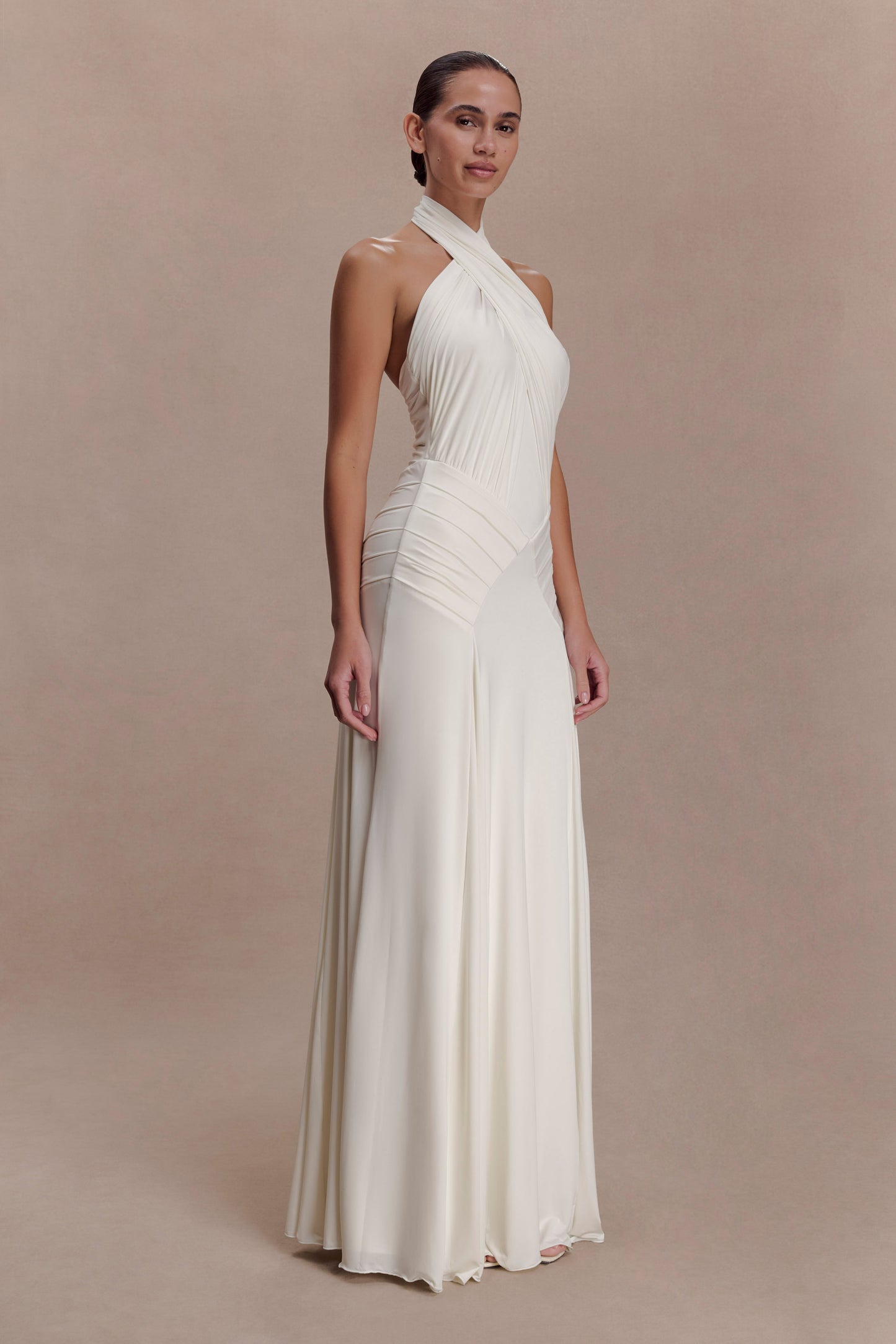 Indira Gathered Slinky Halter Maxi Dress - Ivory