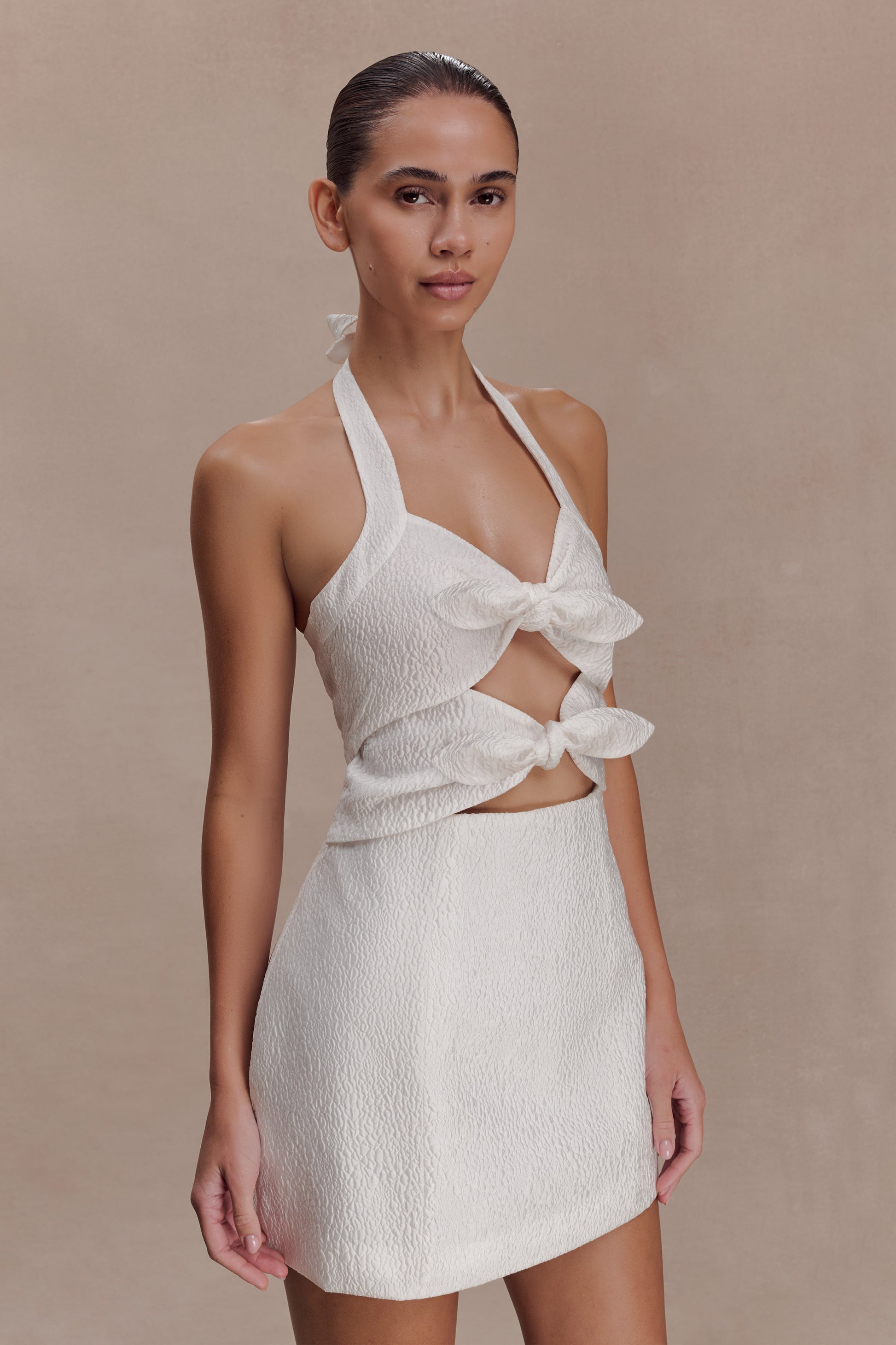 Ella Bow Detail Halter Mini Dress - White #3