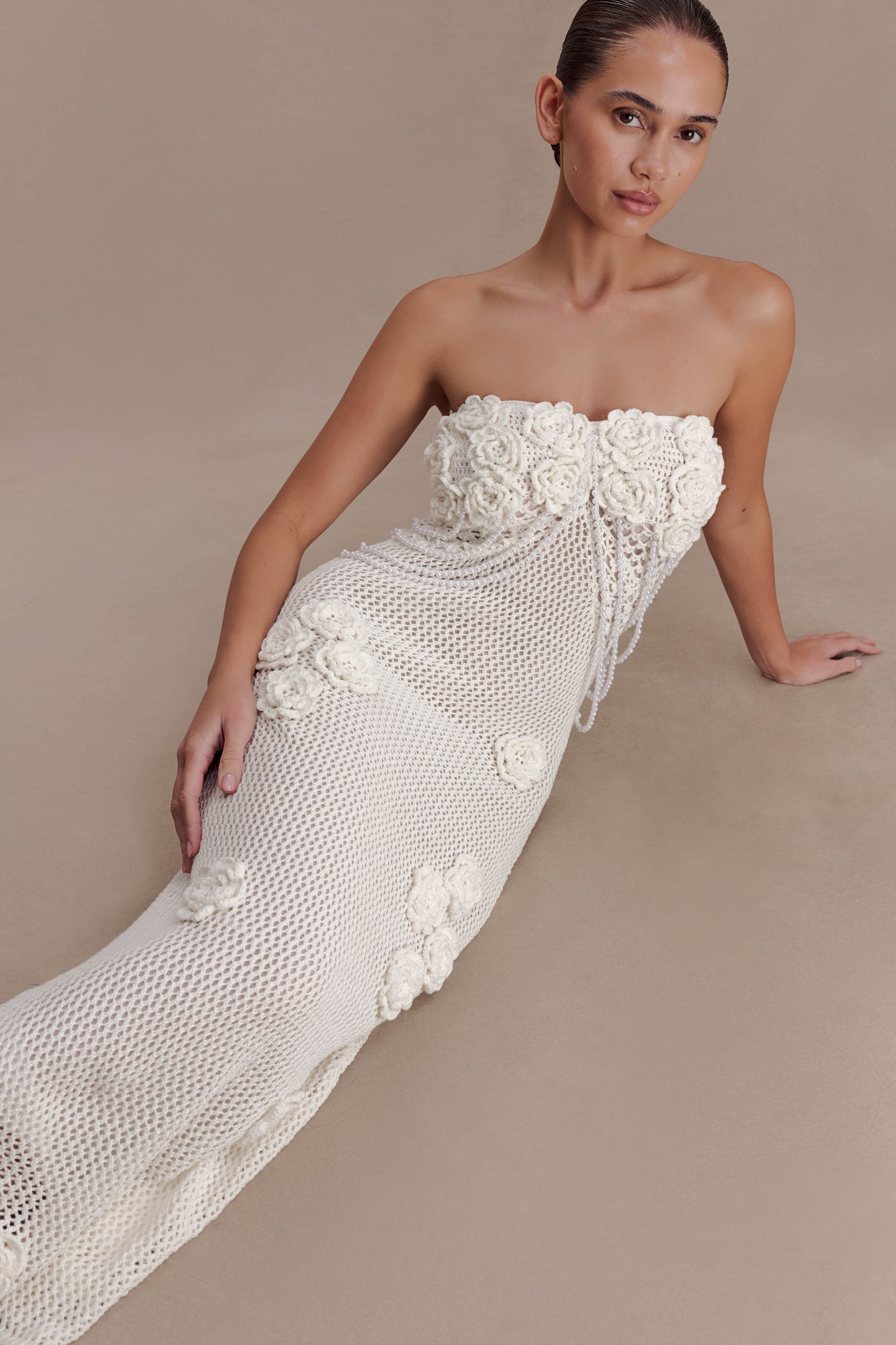 Samantha Crochet Midi Dress With Flowers - Ivory #3