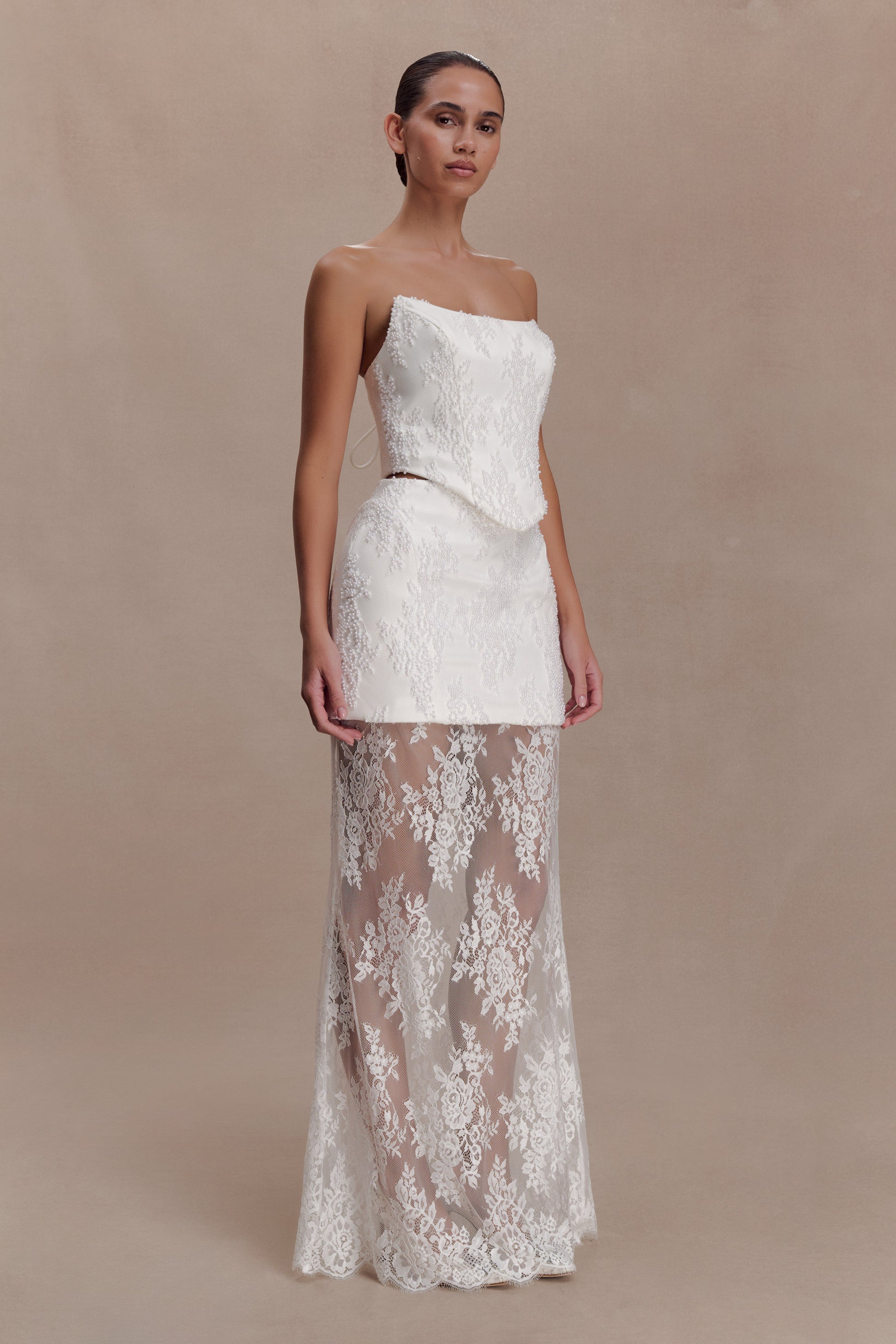 Camille Beaded Satin And Lace Maxi Skirt - Ivory #4