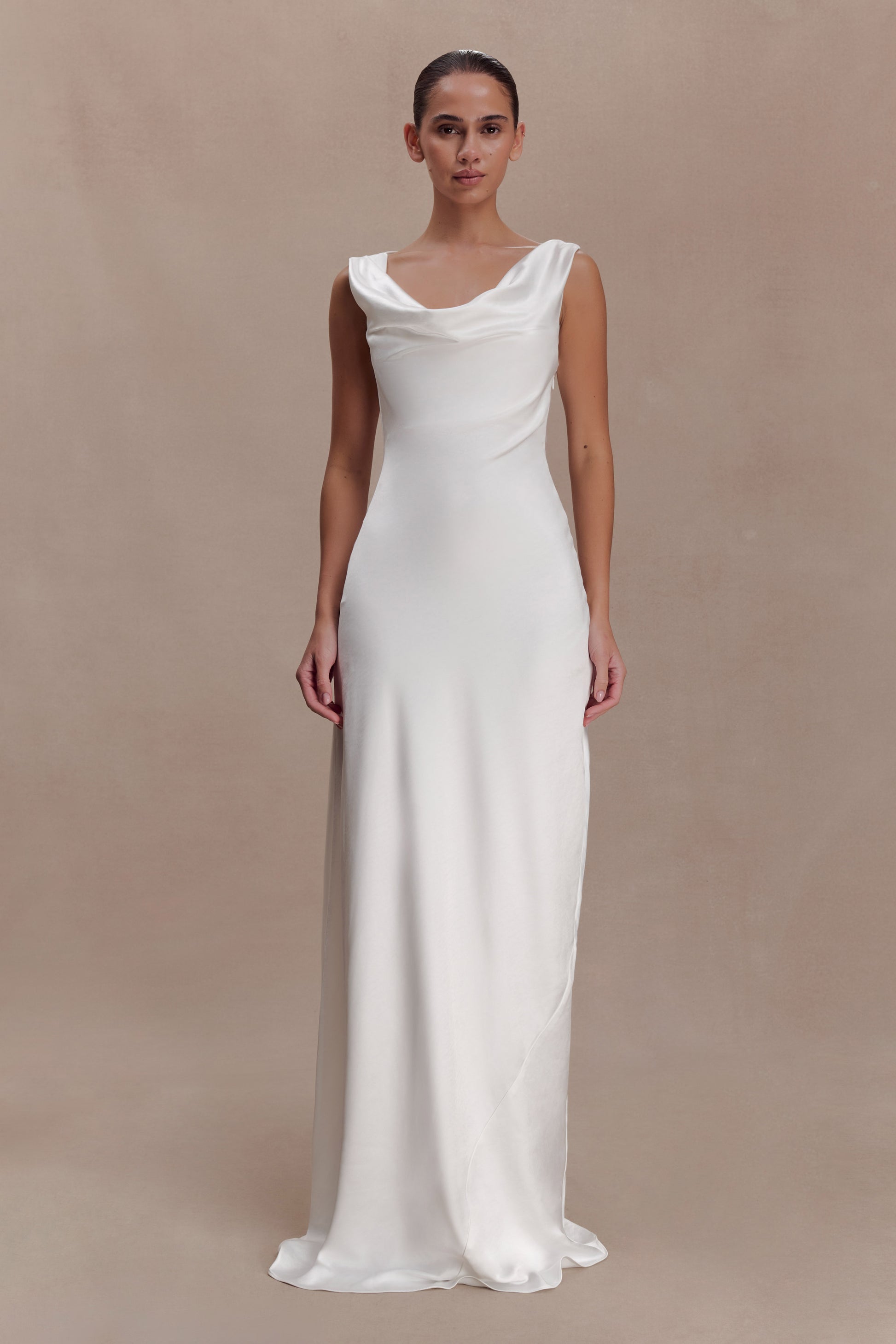 Ashley Cowl Neck Lace And Satin Maxi Dress - Ivory