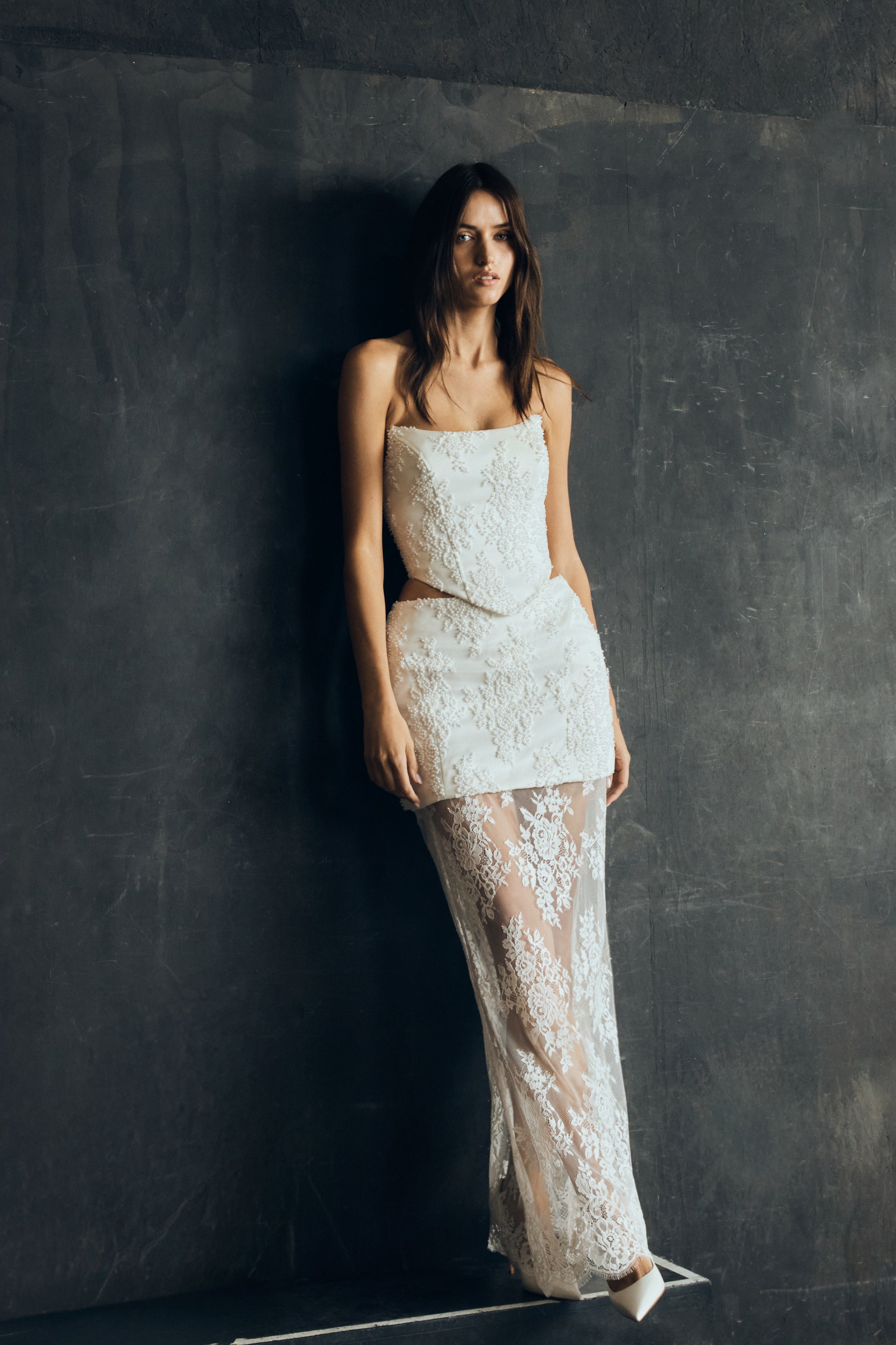 Camille Beaded Satin And Lace Maxi Skirt - Ivory