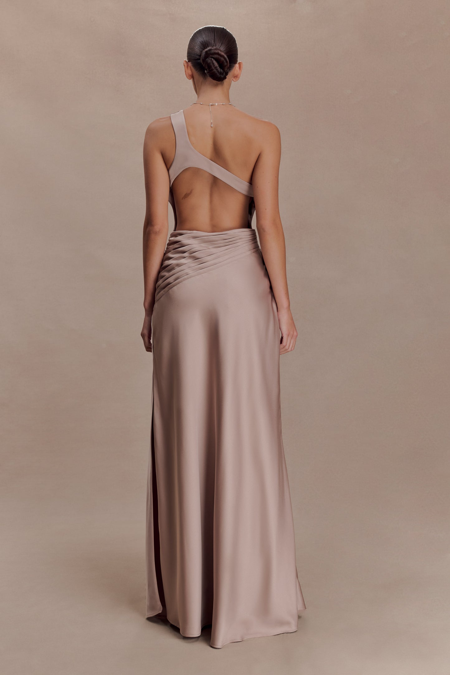 Lyla Asymmetrical Satin Maxi Dress - Bronze Taupe