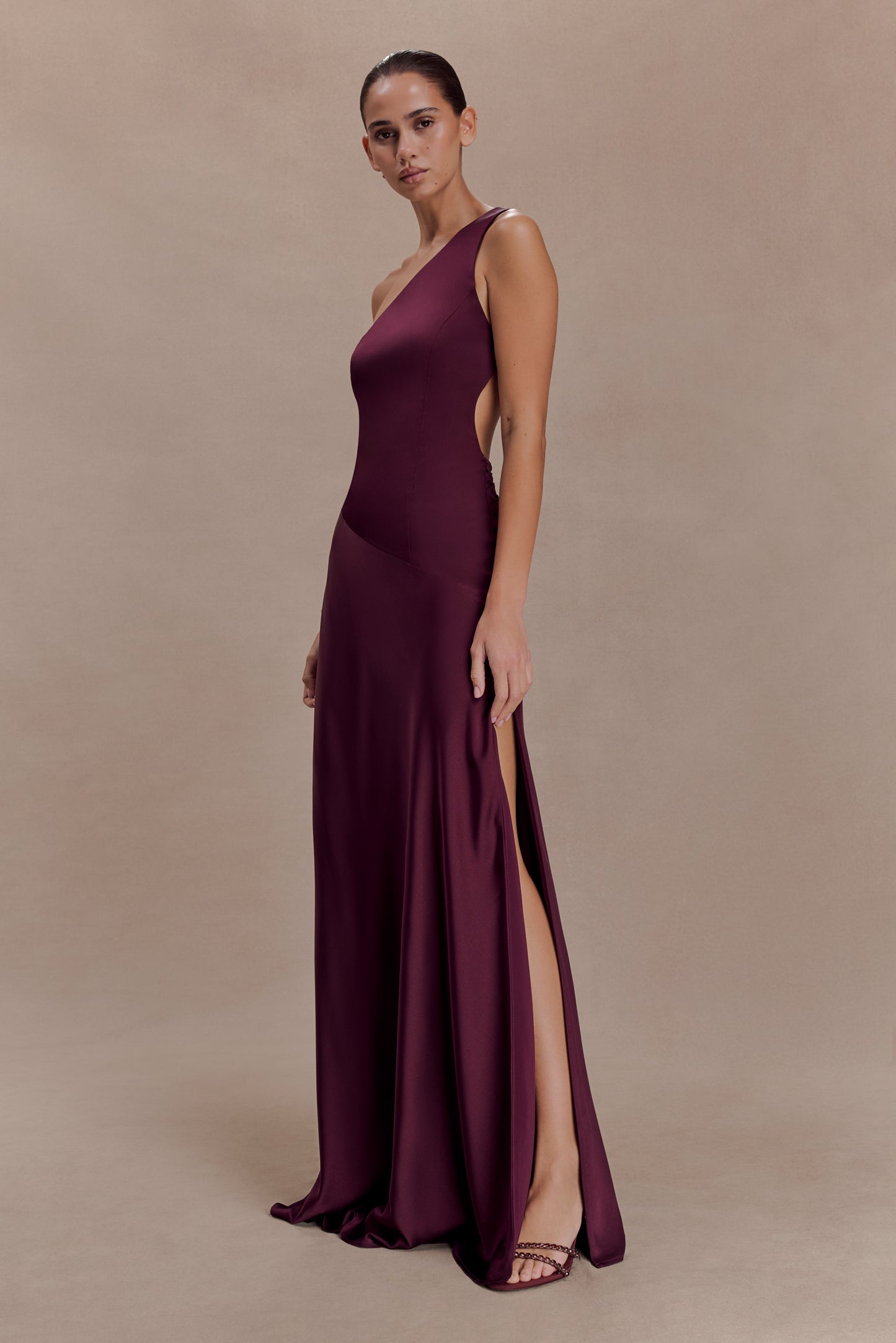 Lyla Asymmetrical Satin Maxi Dress - Plum