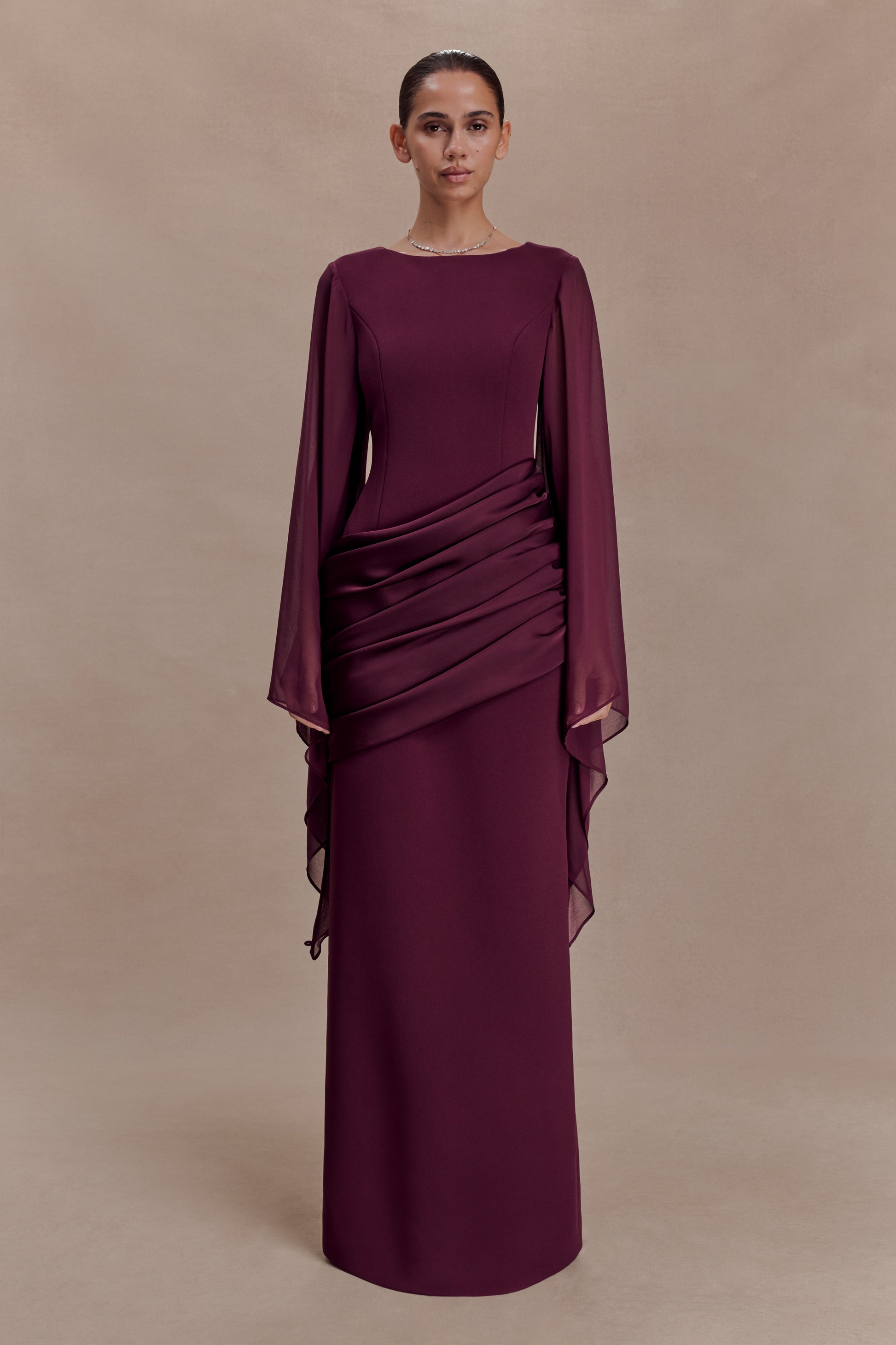 Samantha Waterfall Sleeves Maxi Dress - Wine